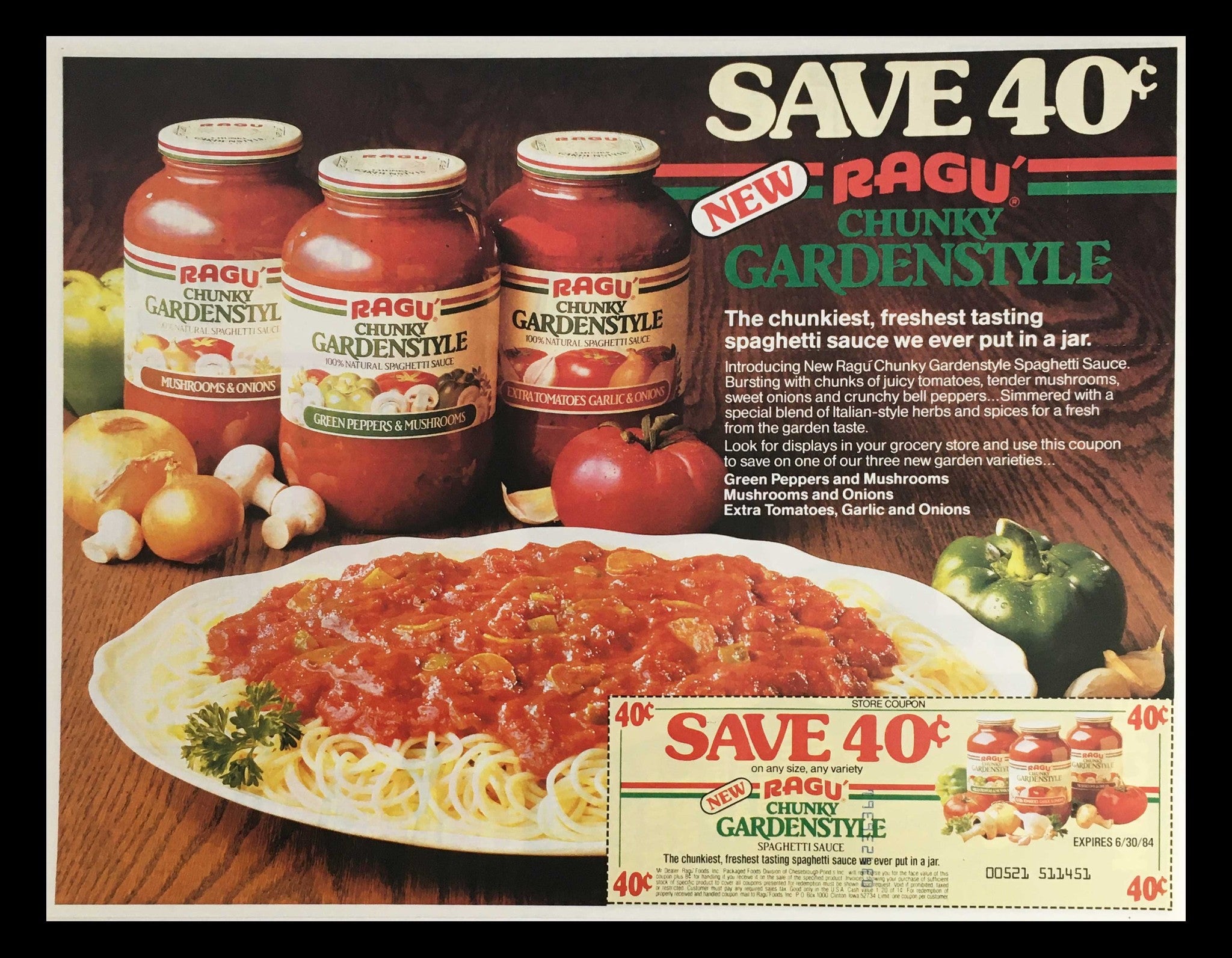 1984 Ragu Chunky Garden Style Spaghetti Sauce Circular Coupon Advertisement