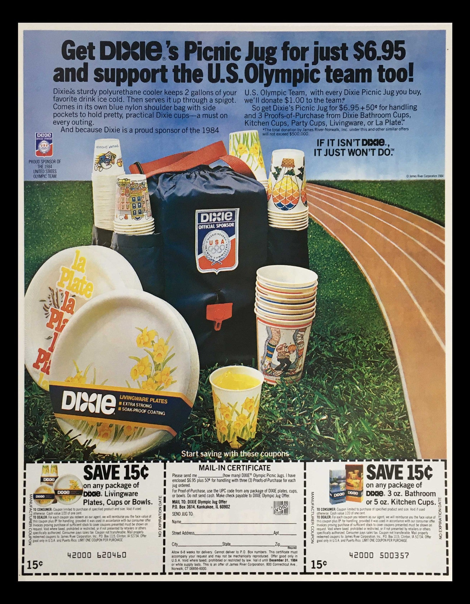 1984 Dixie Picnic Jug & U.S. Olympic Team Circular Coupon Advertisement