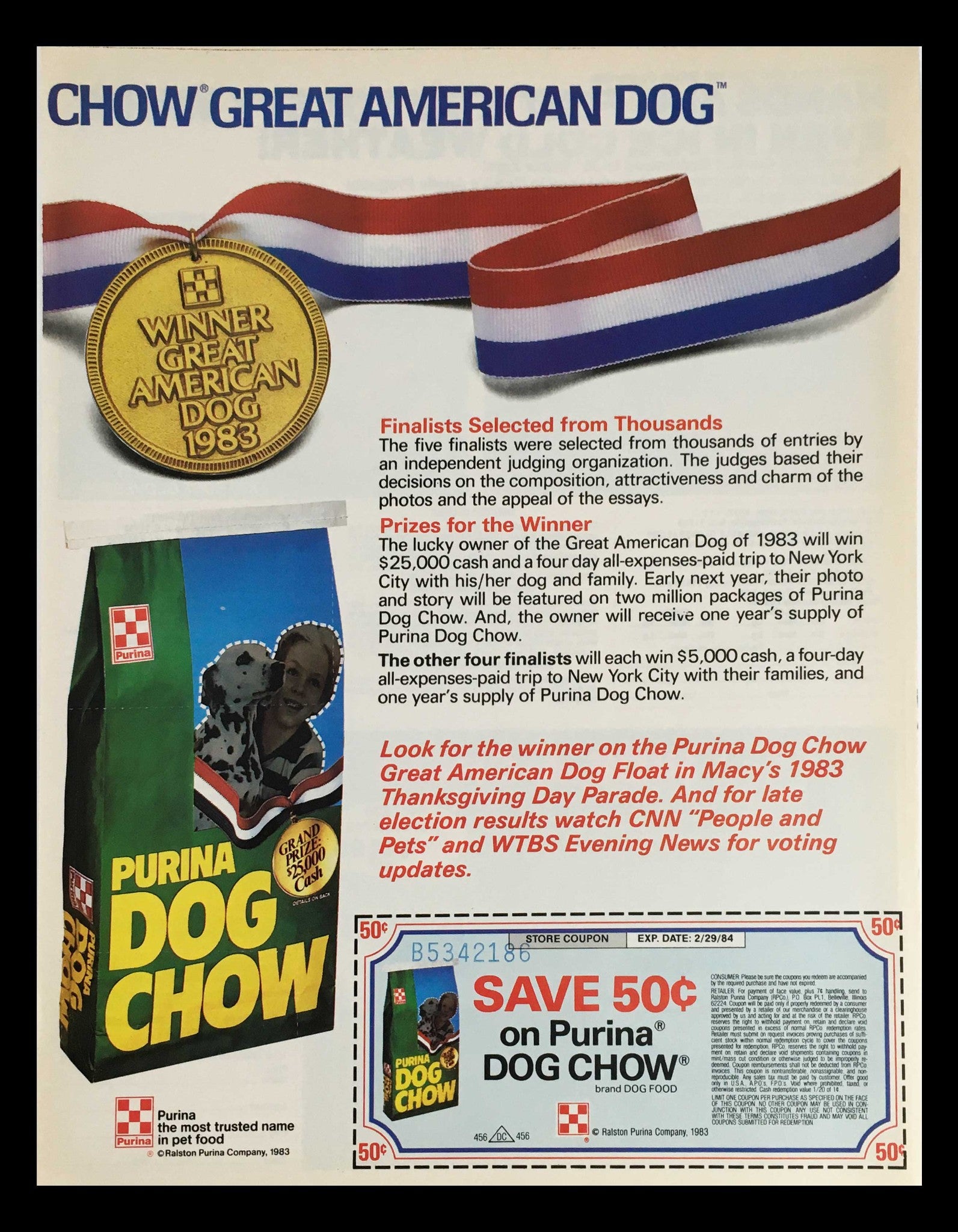 1984 Purina Dog Chow Brand Dog Food Circular Coupon Advertisement