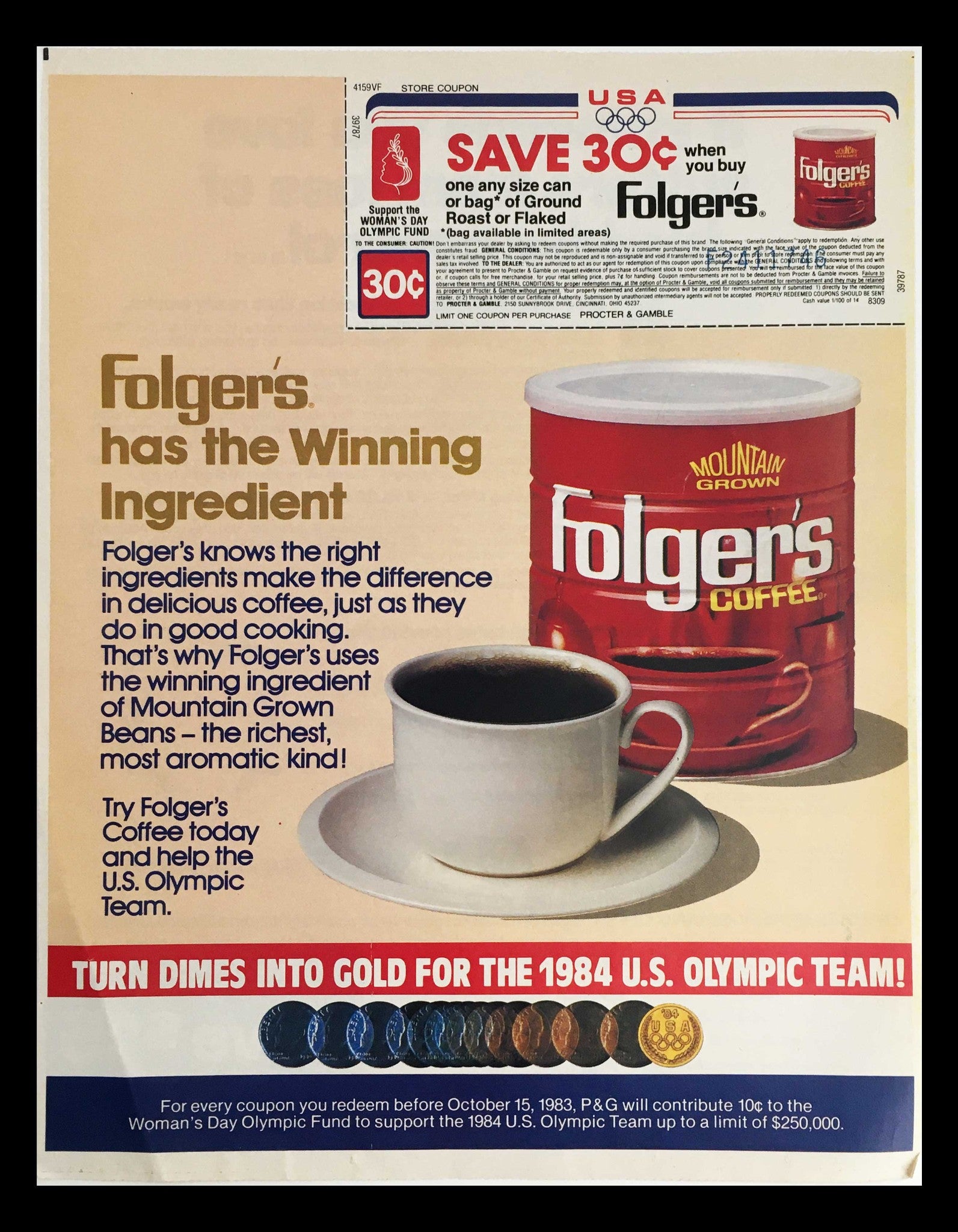 1983 Mountain Grown Folger's Coffee Olympic Team Circular Coupon Advertisement