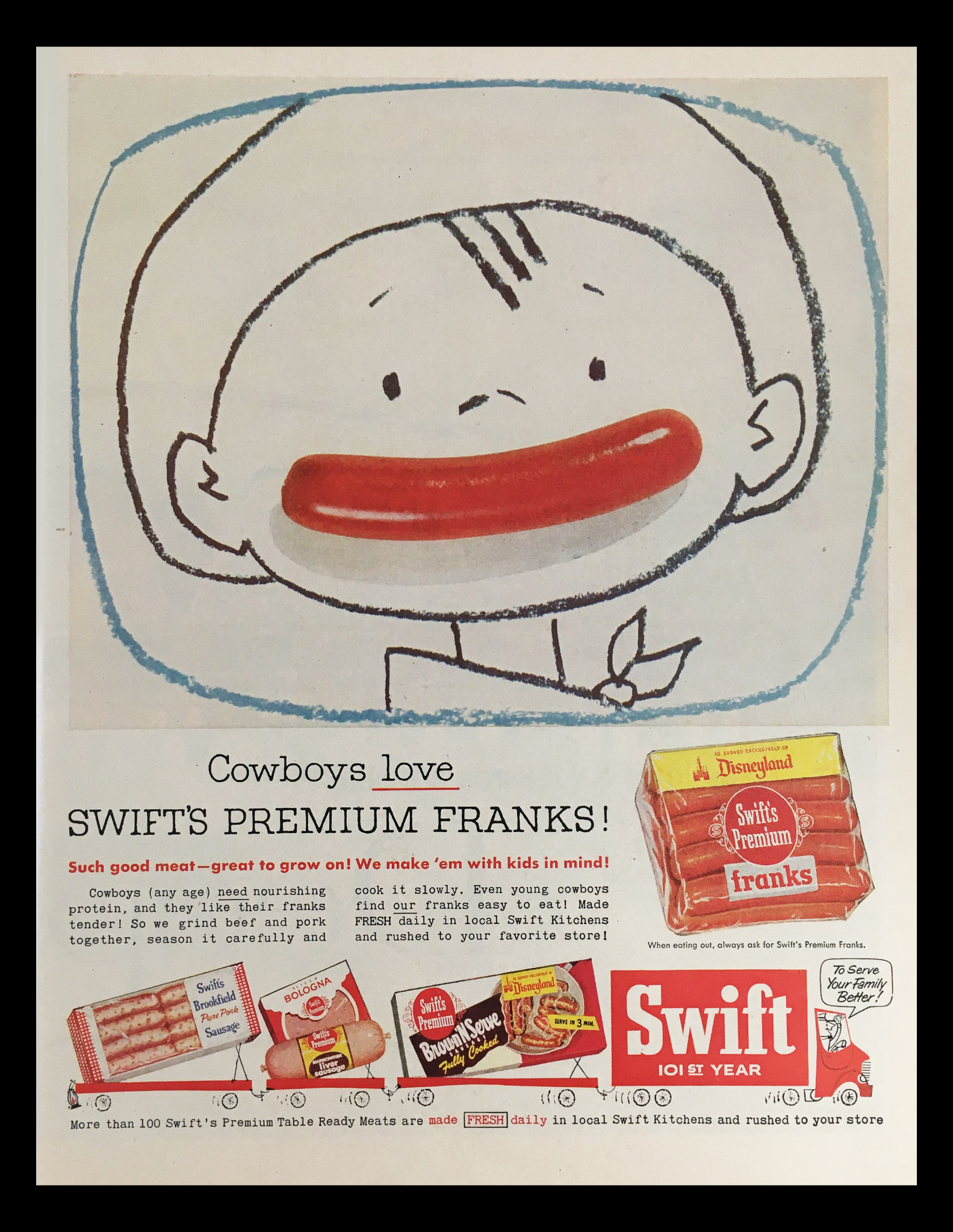 1956 Swift's Premium Franks Disneyland Vintage Print Ad