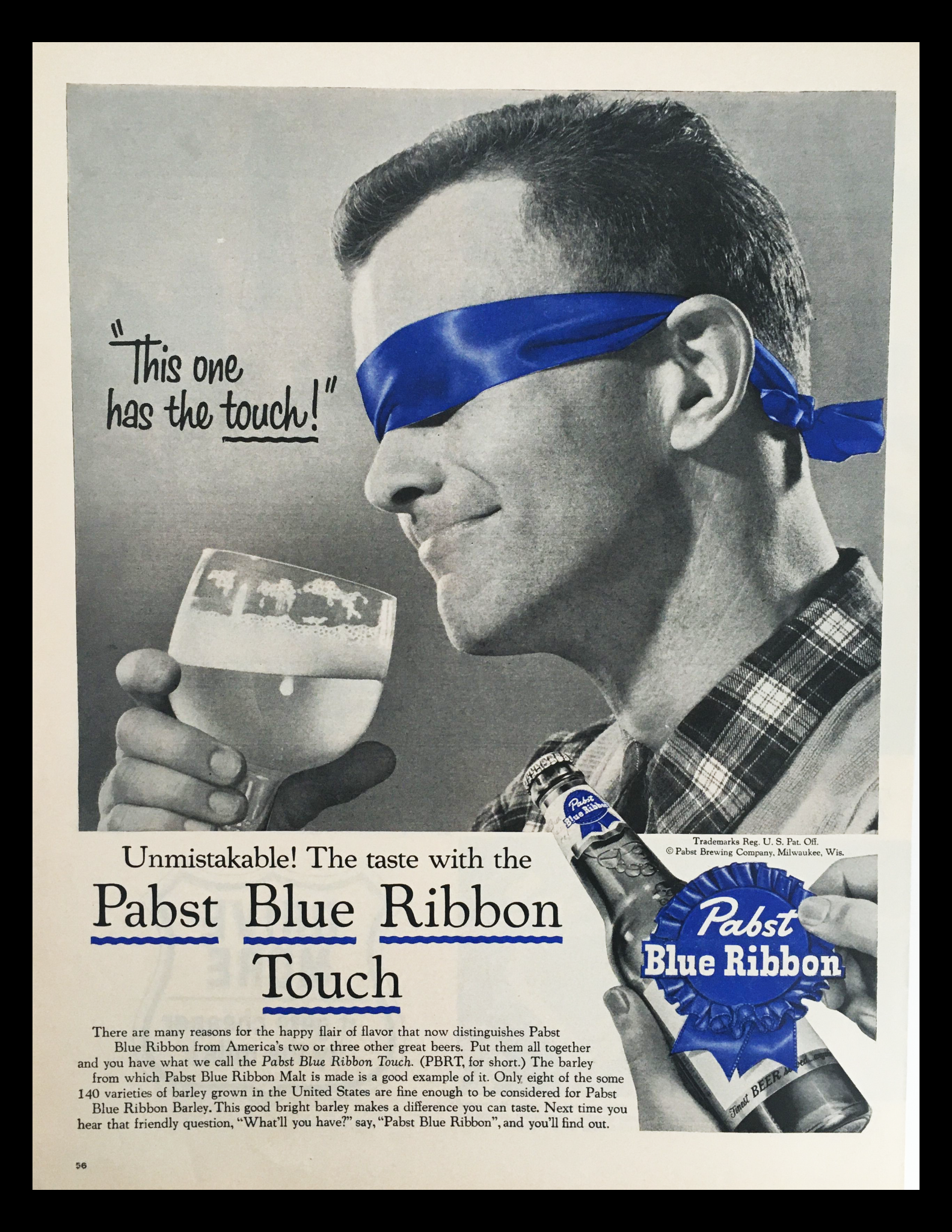 1956 Pabst Blue Ribbon Touch Beer Vintage Print Ad