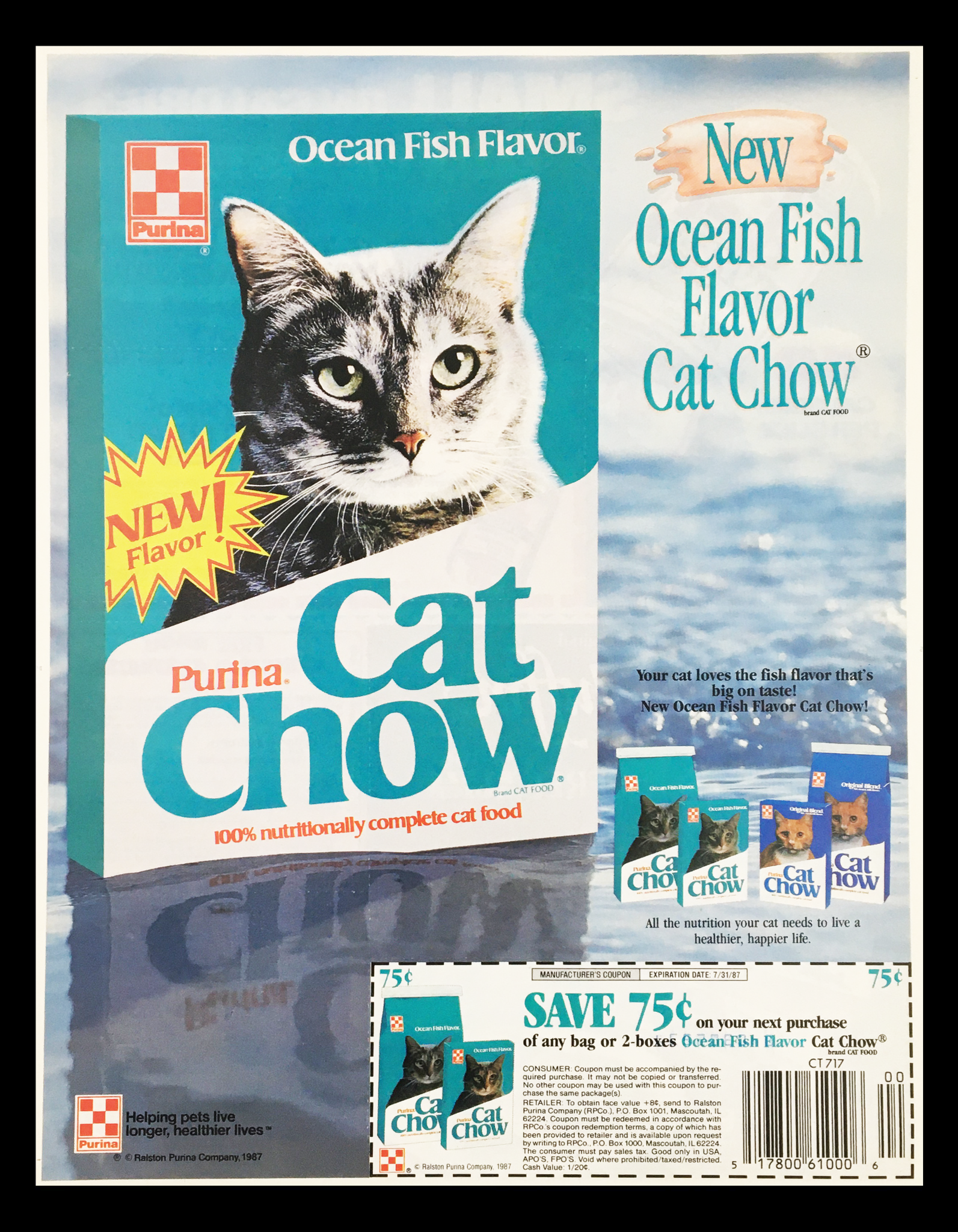 1987 Purina Cat Chow Ocean Fish Flavor Circular Coupon Advertisement