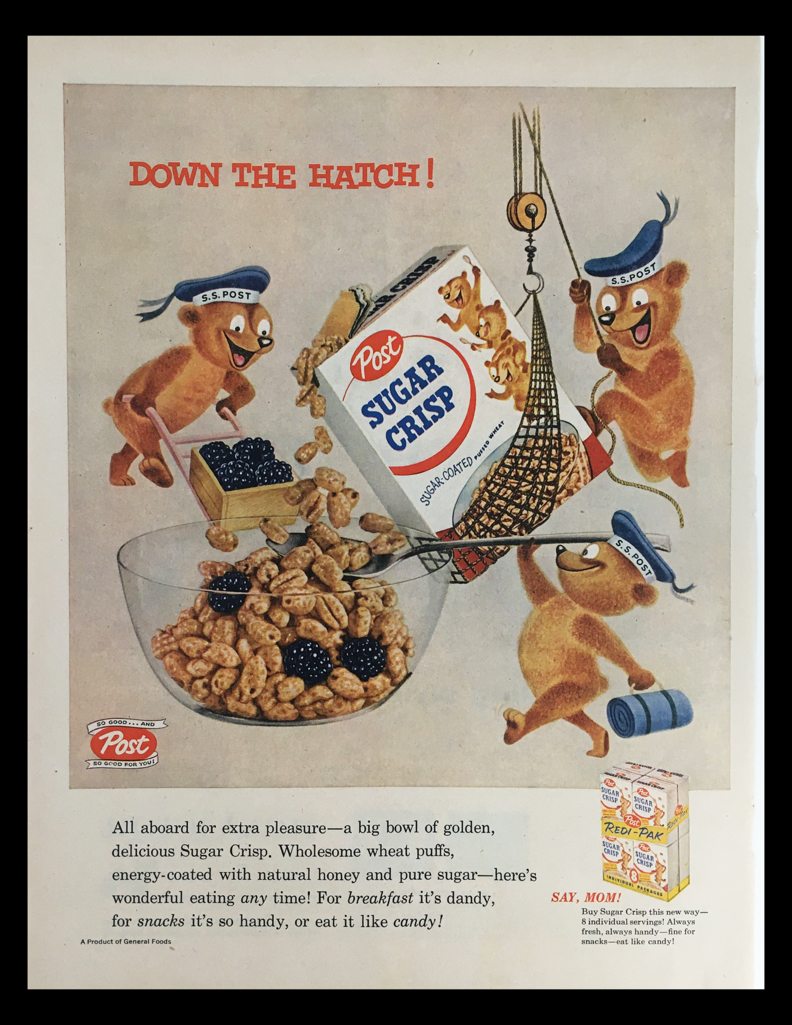 1956 Post Sugar Crisp Sugar Coated Puffed Wheat Vintage Print Ad