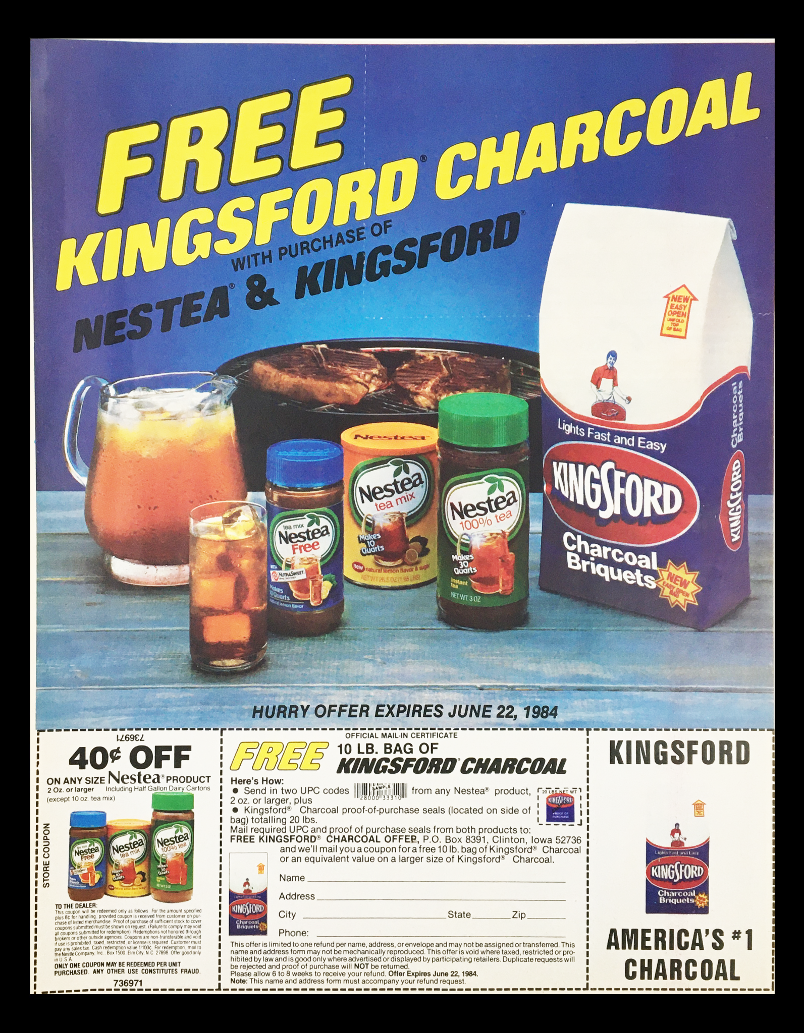 1984 Kingsford Charcoal FREE Purchase of Nestea Circular Coupon Advertisement