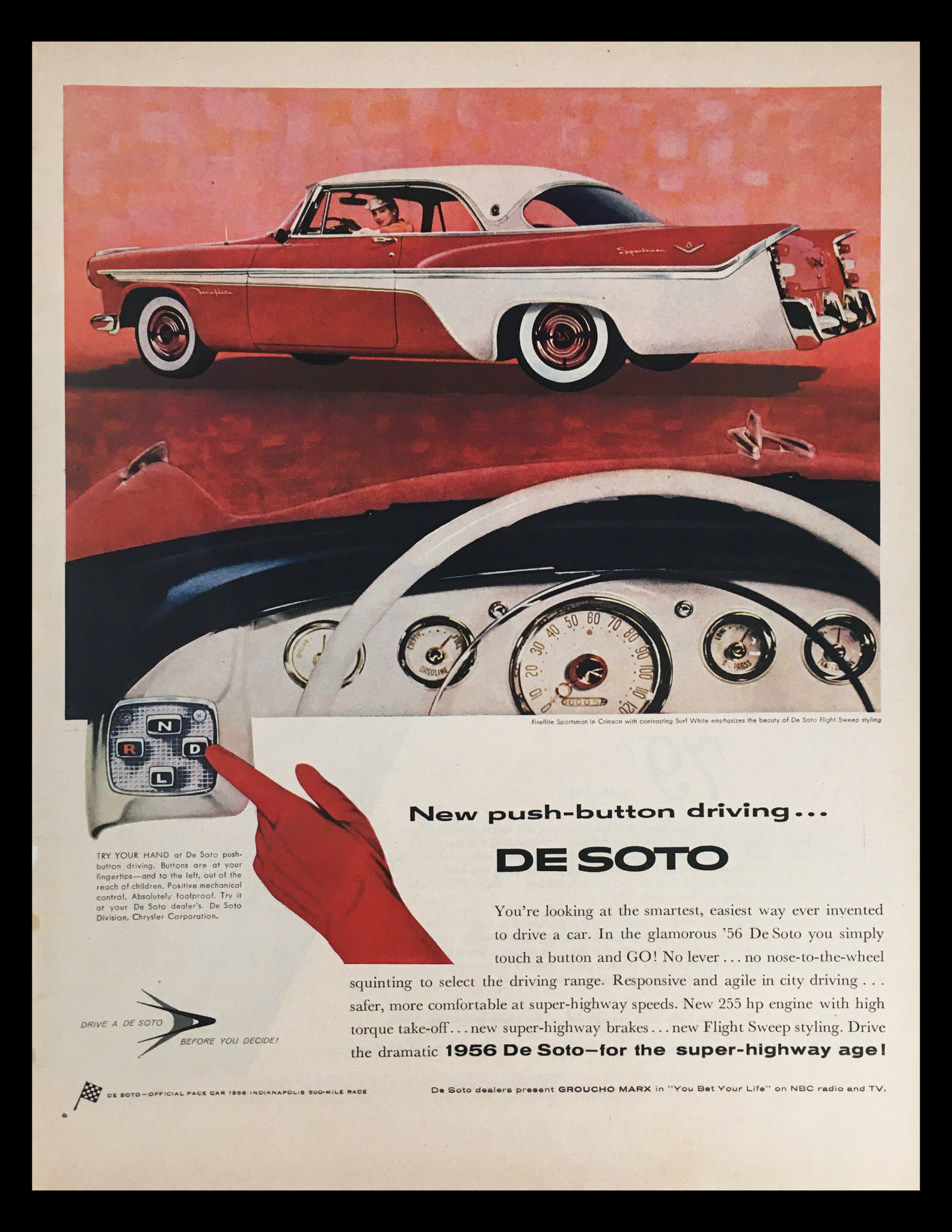 1956 DeSoto Push-Button Driving Vintage Print Ad