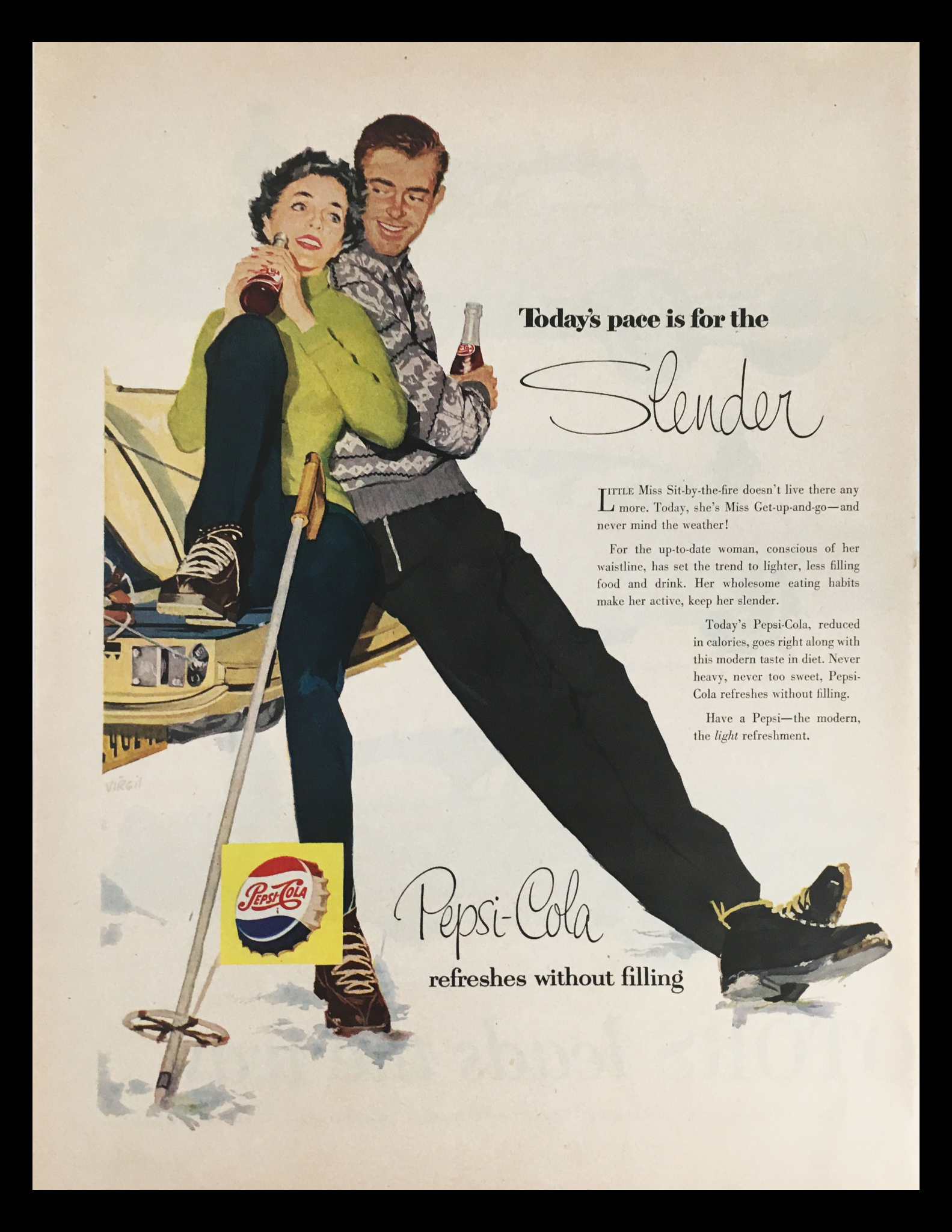 1956 Pepsi-Cola Slender Light Refreshment Vintage Print Ad