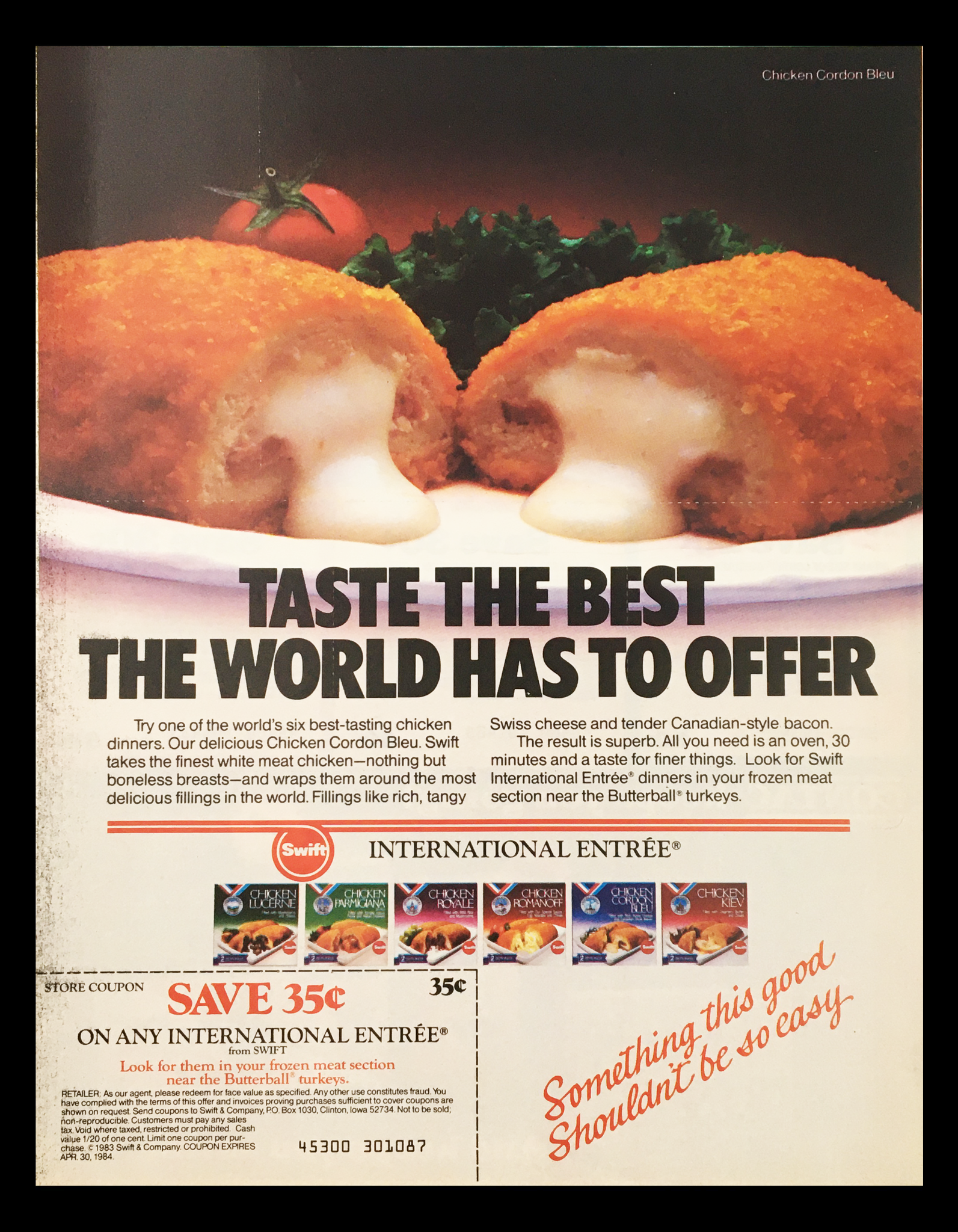 1984 Swift International Chicken Cordon Bleu Circular Coupon Advertisement