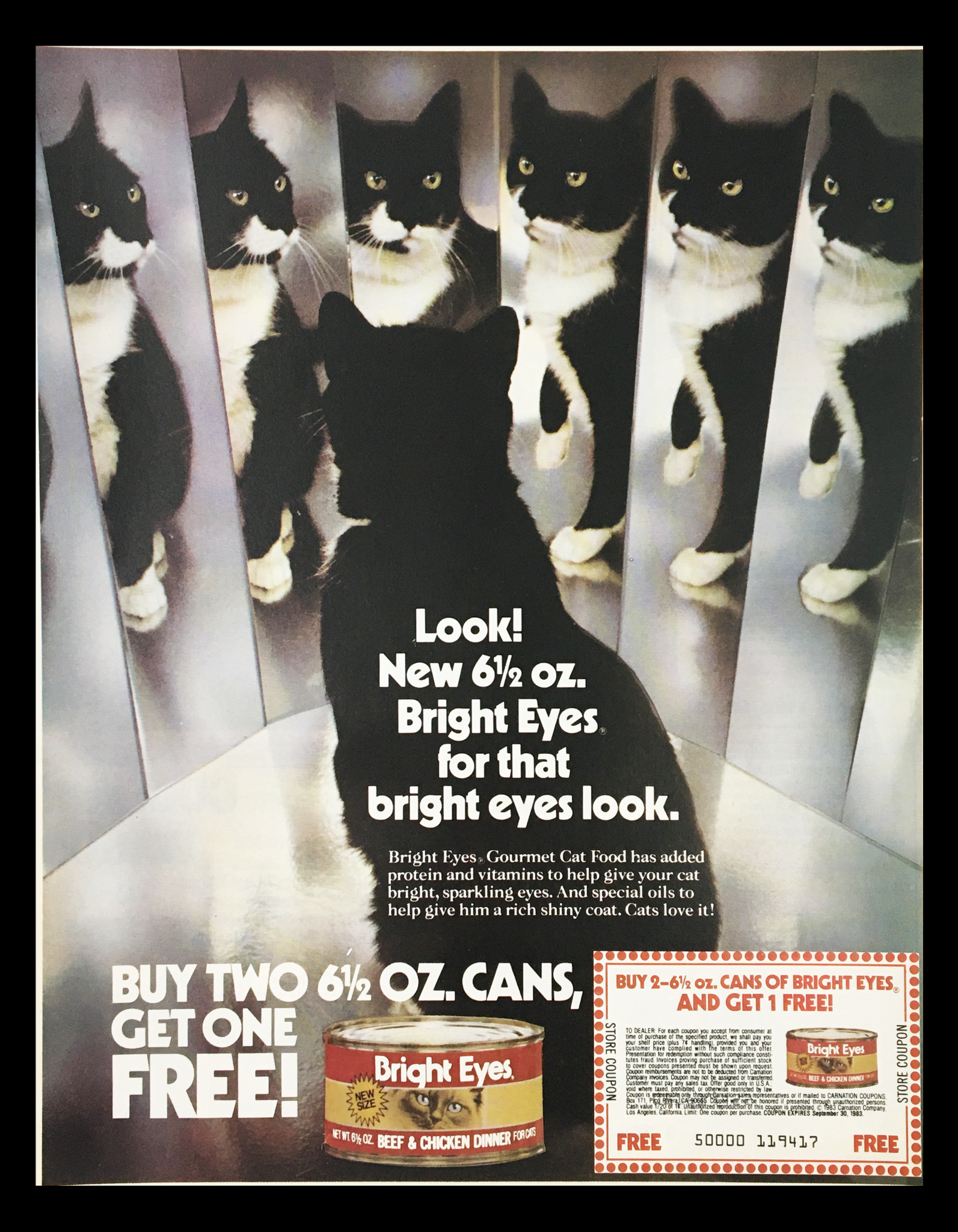 1983 Bright Eyes Beef & Chicken Dinner for Cats Circular Coupon Advertisement