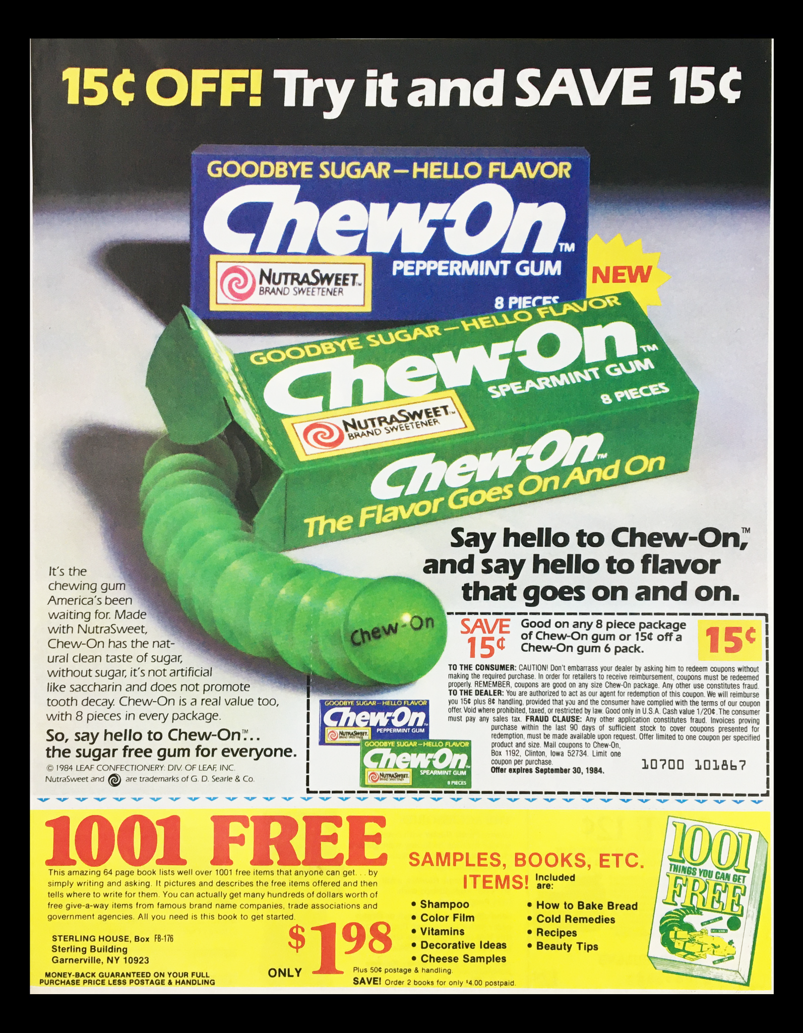 1984 Chew-On Sugar Free Gum Circular Coupon Advertisement