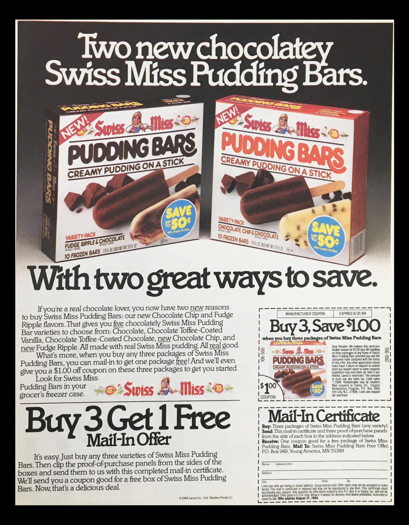 1984 Swiss Miss Creamy Pudding Bars Circular Coupon Advertisement