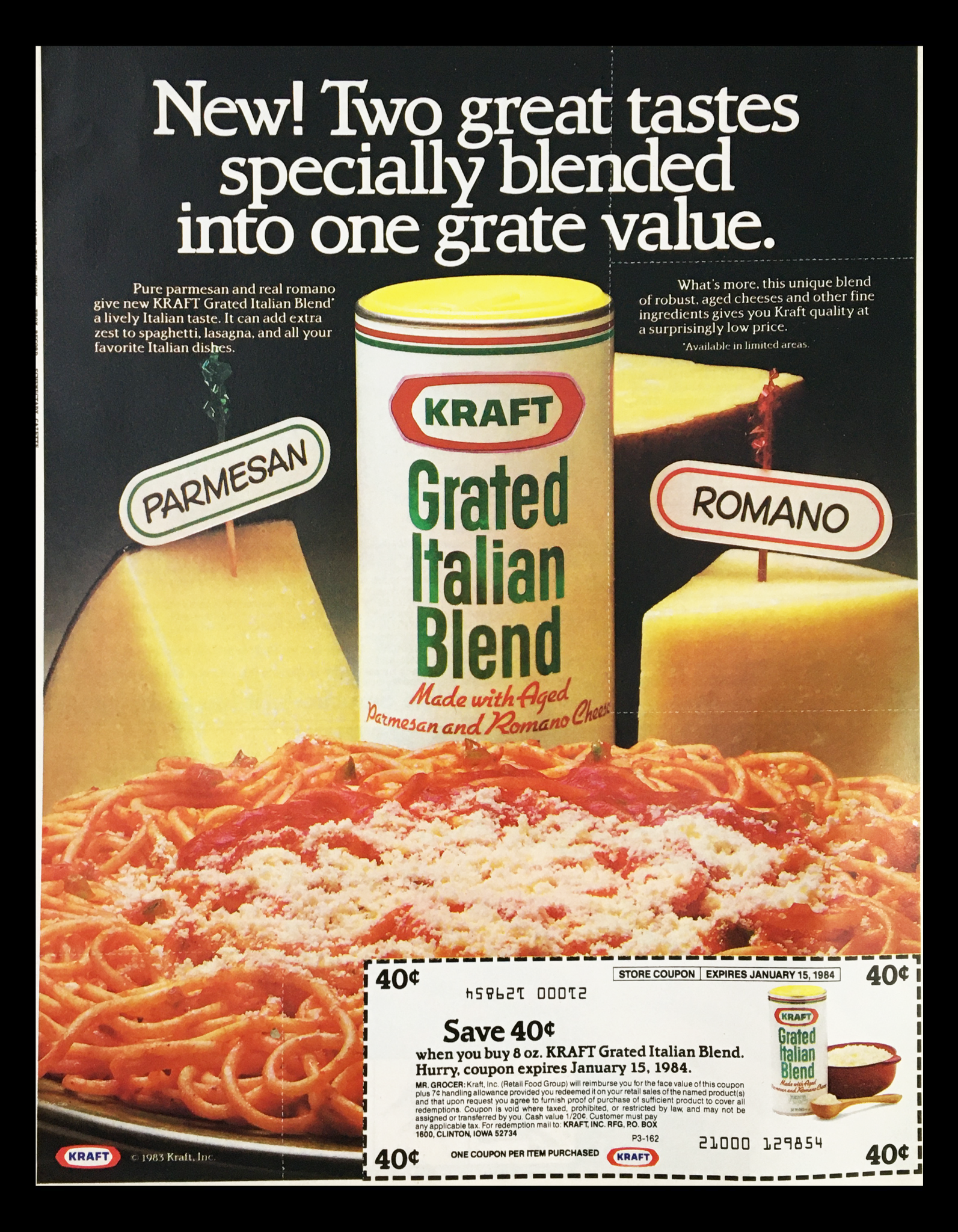 1984 Kraft Grated Italian Blend Cheese Circular Coupon Advertisement