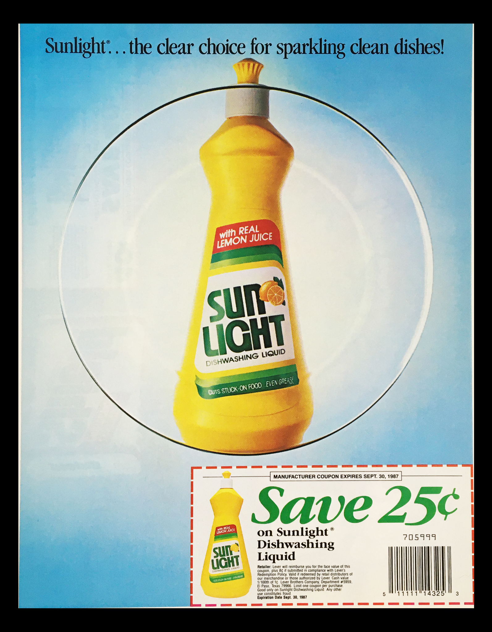 1987 Sunlight Lemon Dishwashing Liquid Circular Coupon Advertisement featuring a bottle of Sunlight dishwashing liquid with lemon juice. The advertisement promotes a coupon saving of 25 cents, showcasing a vibrant design with bright colors, ideal for collectors and vintage ad enthusiasts.