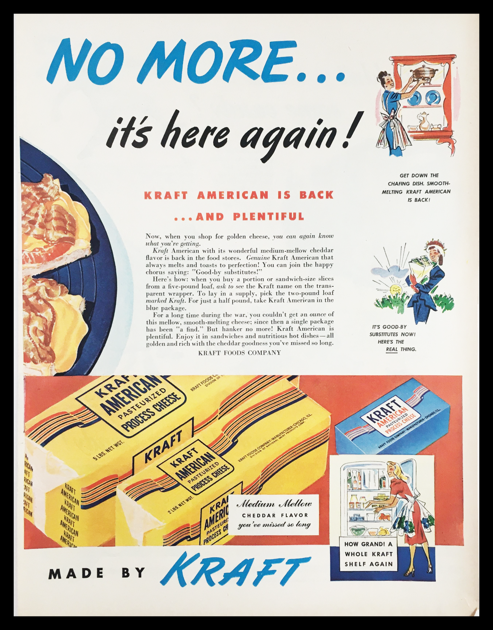 1947 Kraft American Pasteurized Process Cheese Vintage Print Ad