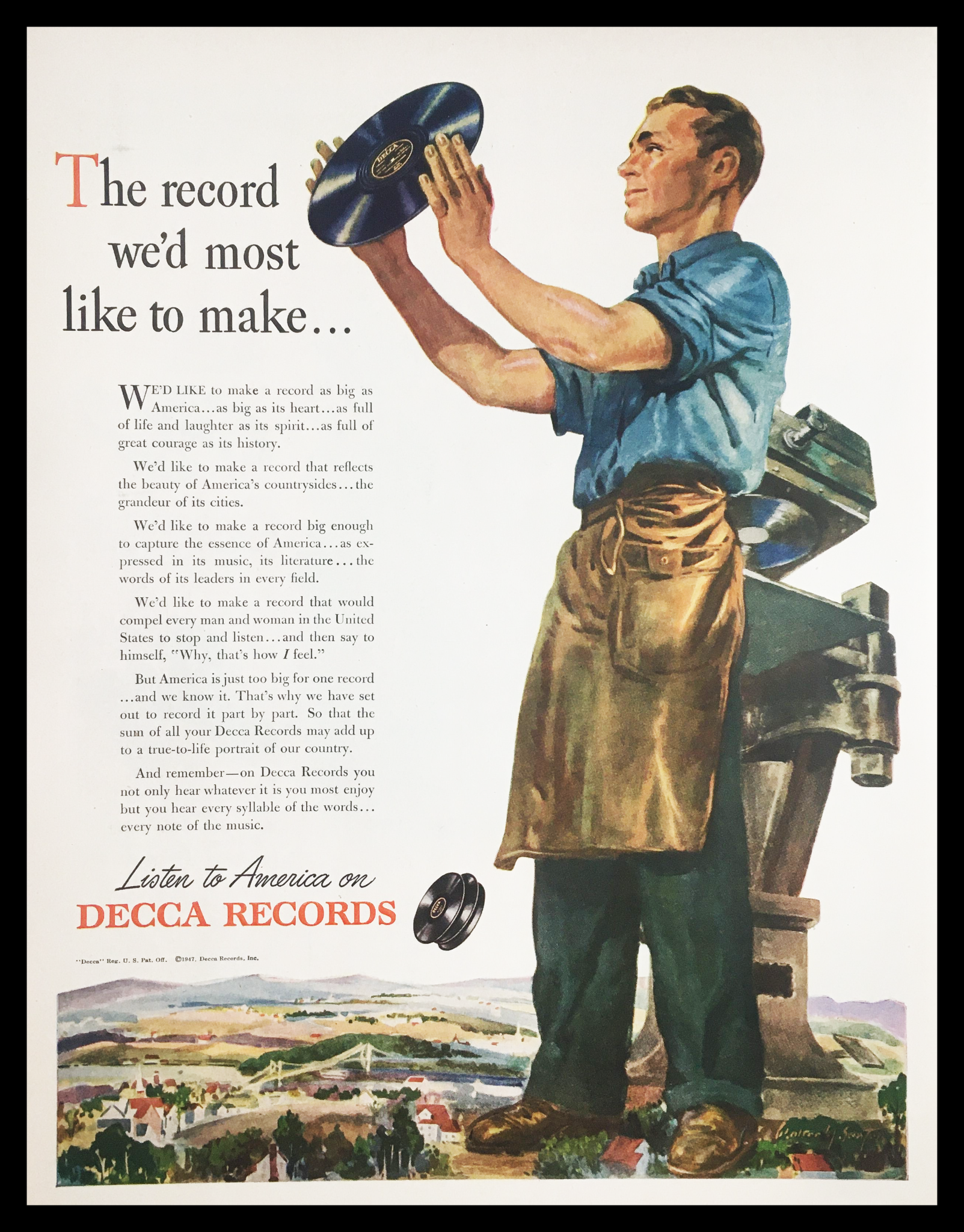 1947 Decca Records Listen to America Vintage Print Ad