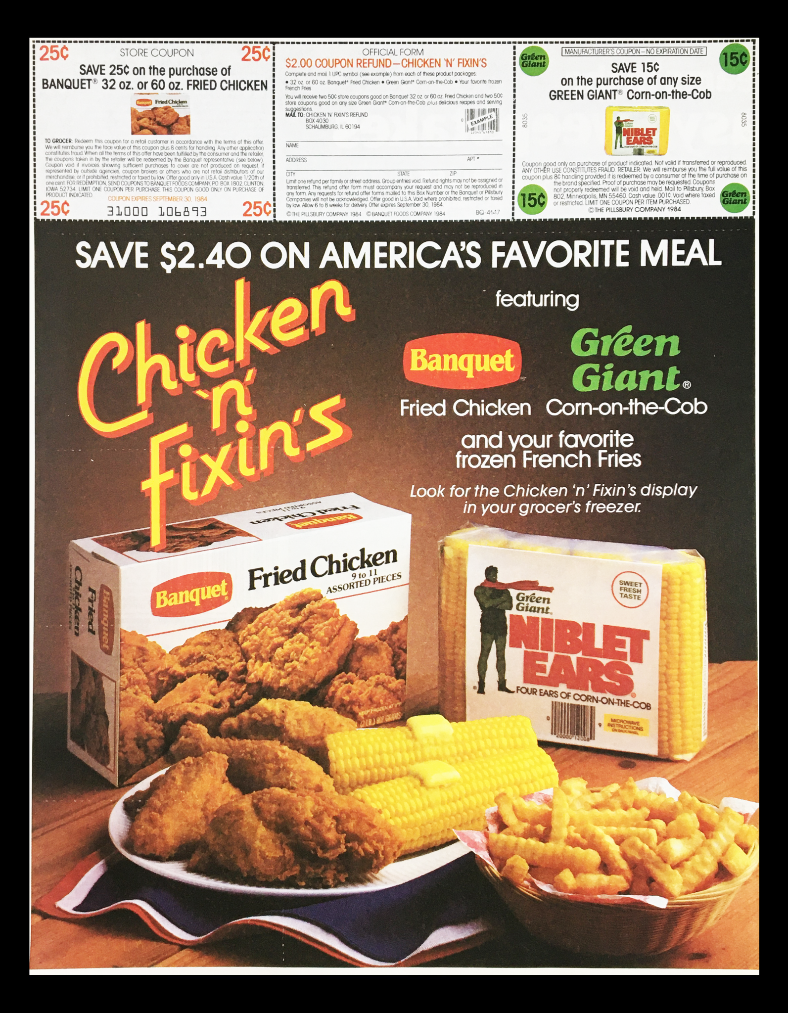 1984 Chicken 'n' Fixn's America's Fav Meal Circular Coupon Advertisement