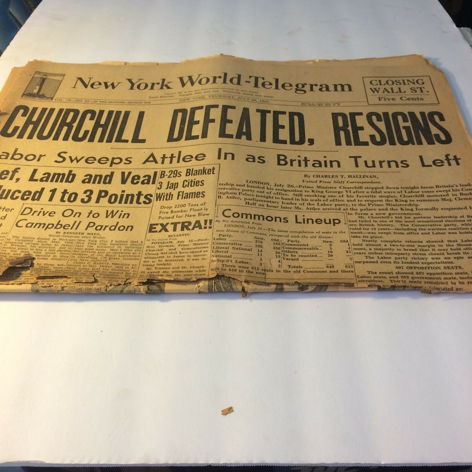 Churchill Defeated FRONT PAGE NY world telegram July 26, 1945 Archives date gift