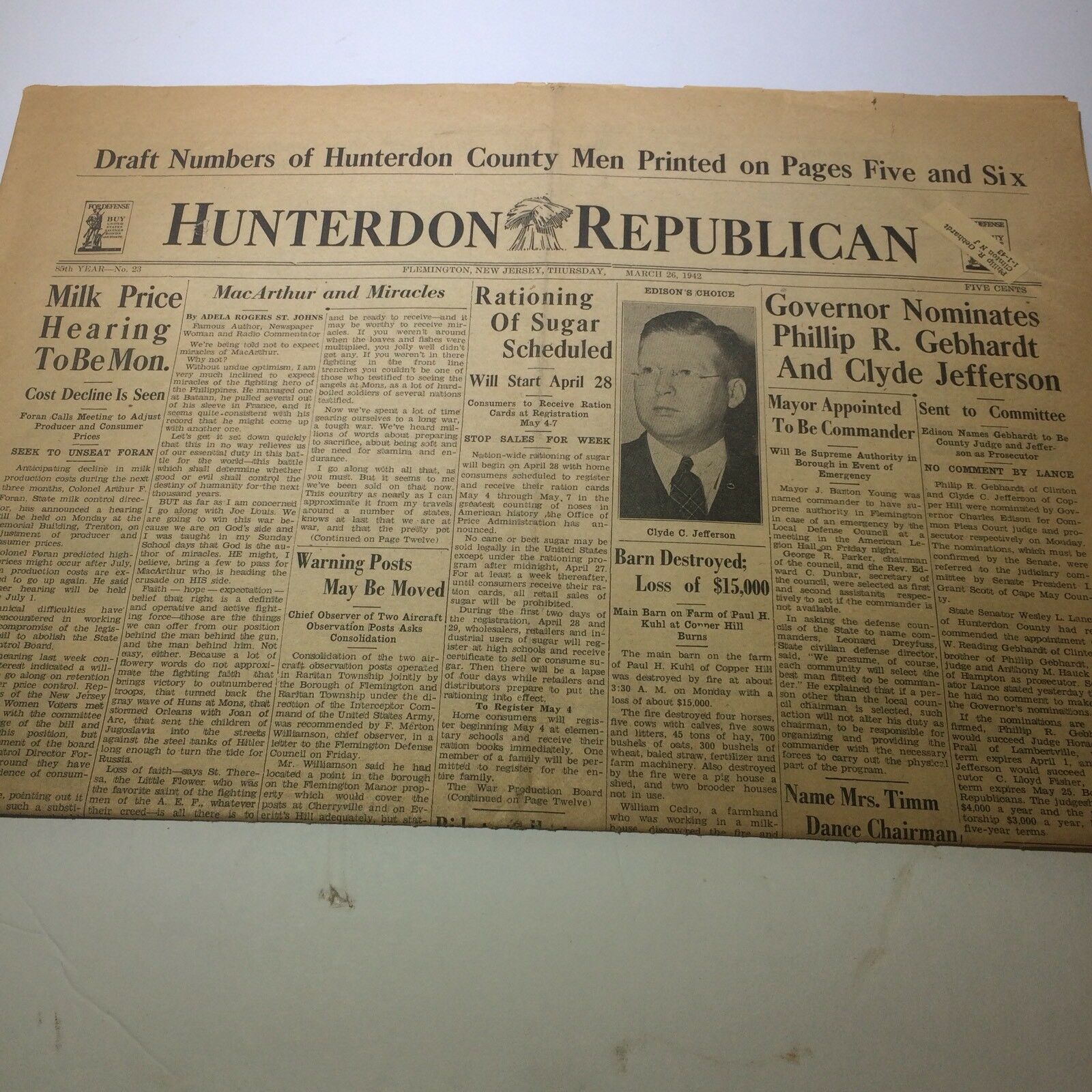 NJ Hunterdon Republican Headline Archive Newspaper March 26 1942 date gift