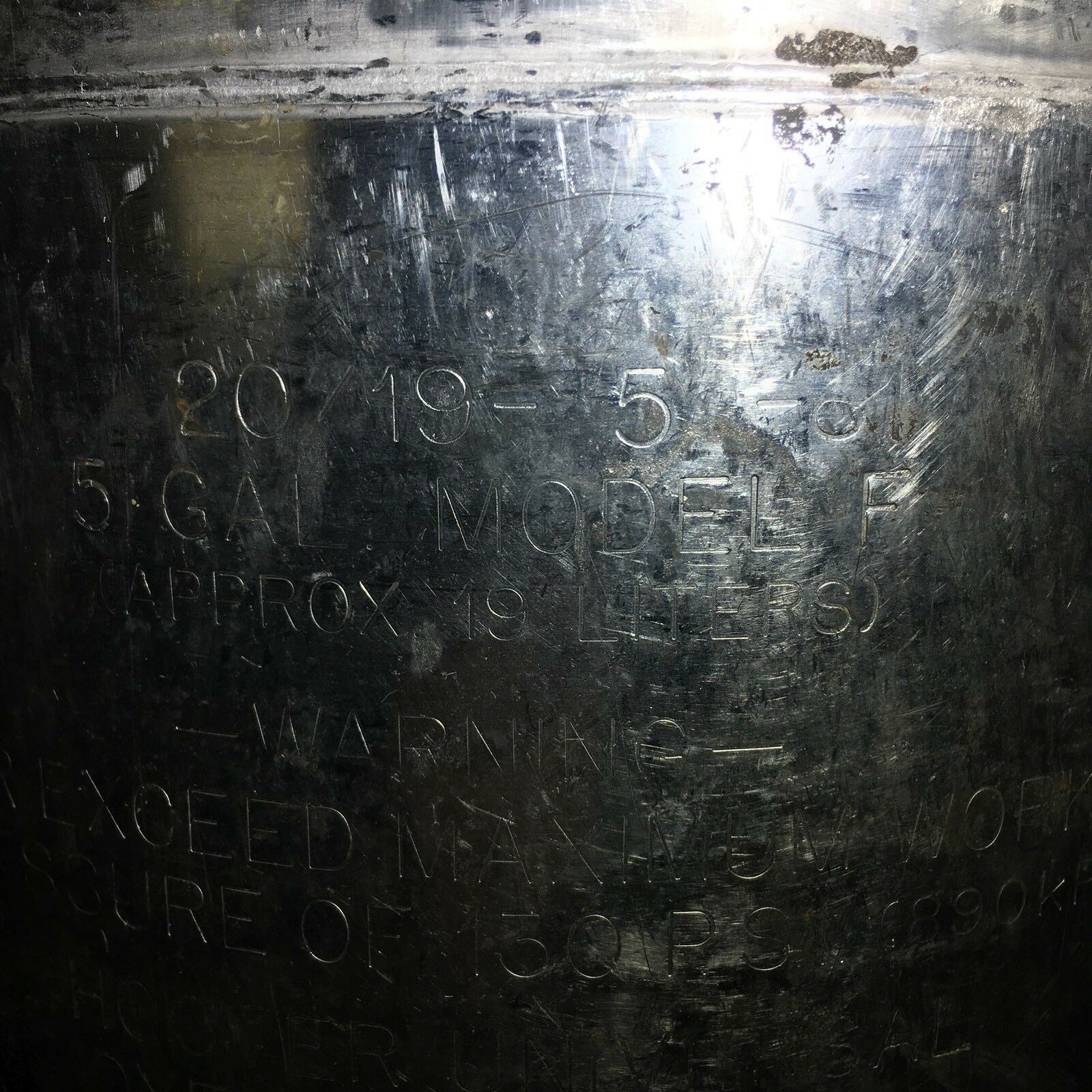 Close-up of the vintage COCA COLA Keg Syrup 5 Gallon from ALLOY PRODUCTS USA, showcasing detailed engravings and model information, perfect for collectors of rare beverage memorabilia.