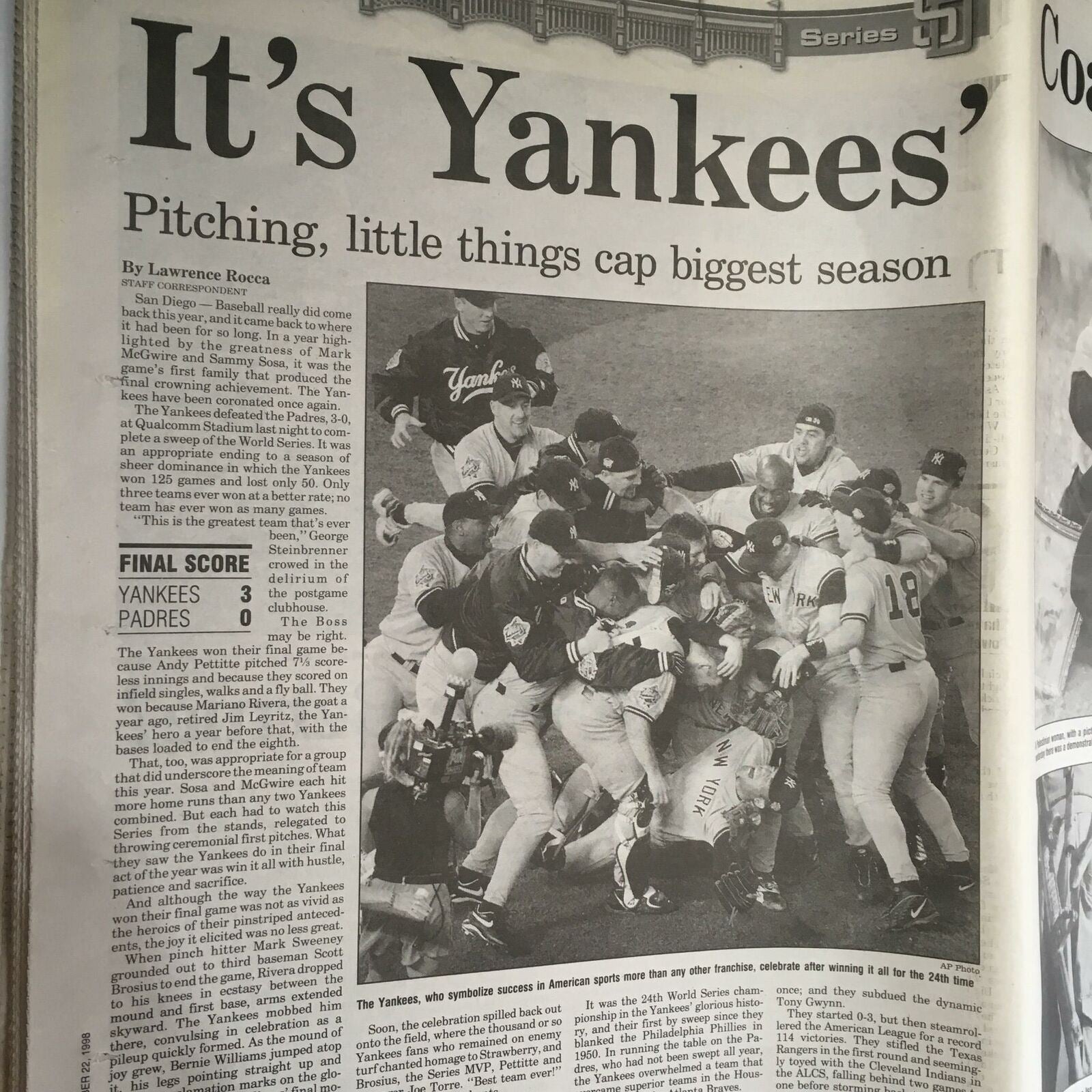 Newsday: Oct 22 1998 Yanks Sweep 1 For The Ages