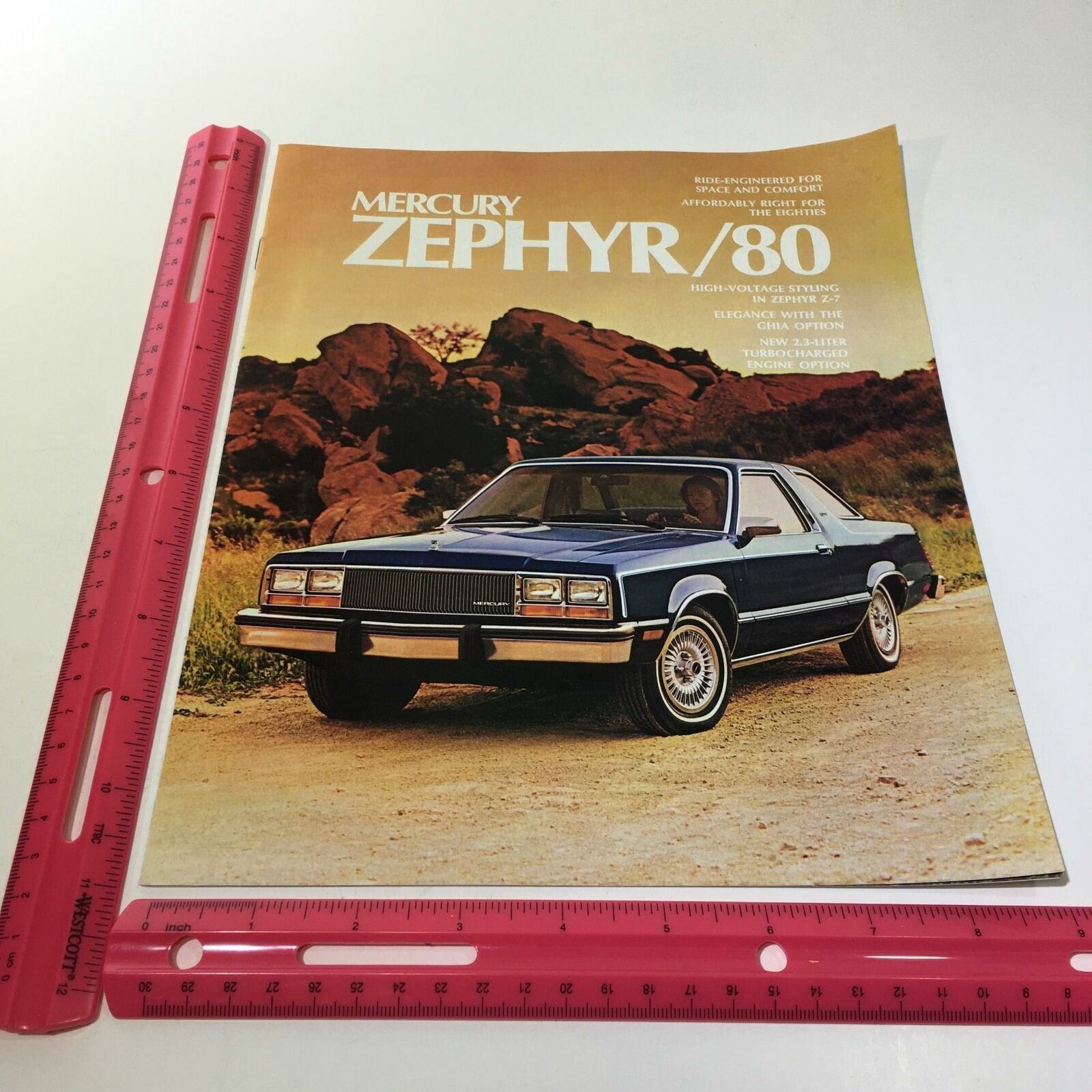 1980 Mercury Zephyr Z-7 Turbo Charged Engine Option Car Sale Brochure showcasing the vehicle on a scenic background, emphasizing its vintage appeal and excellent condition.