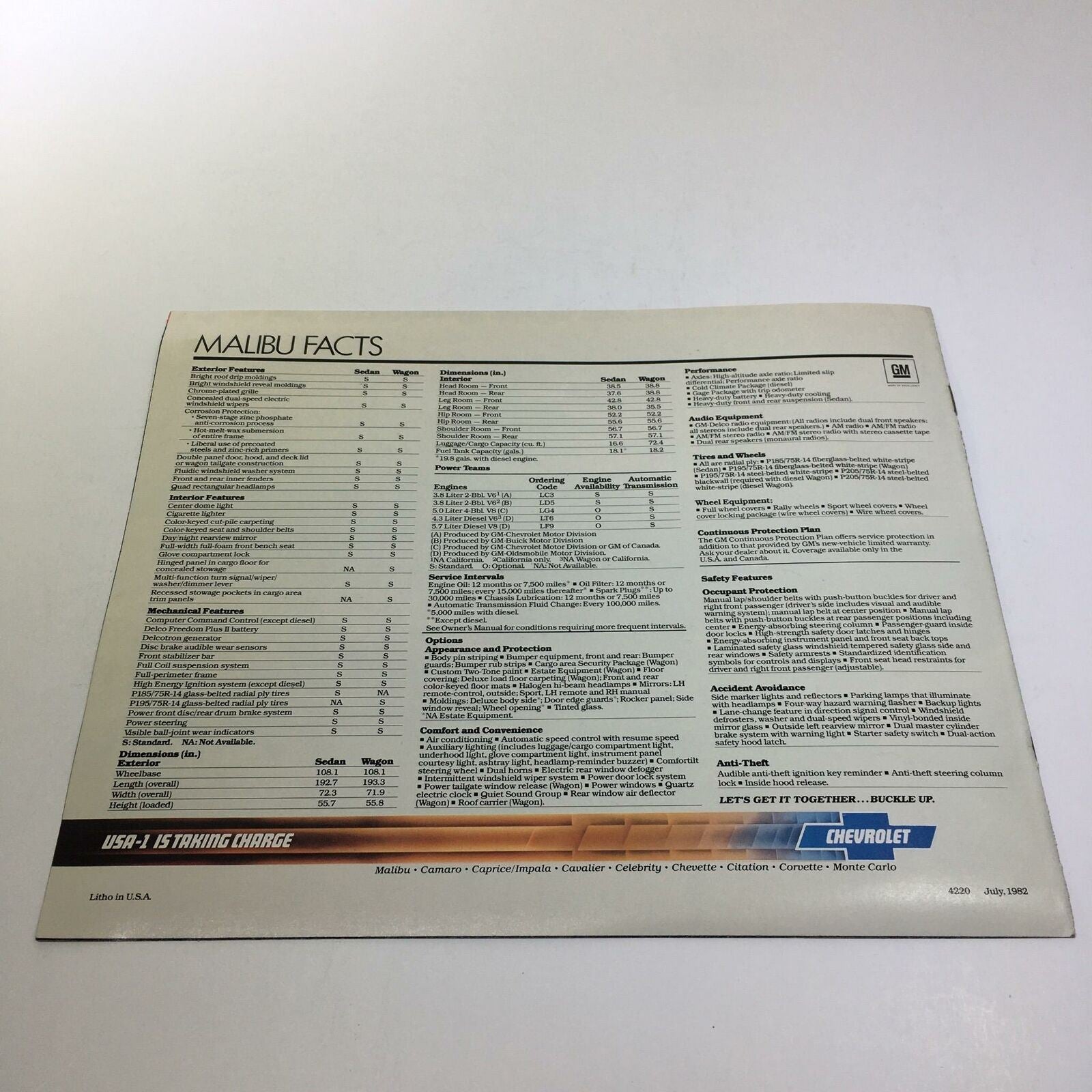 1983 Chevrolet Malibu 3.8 Liter V6 Optional V8 Engine Car Sale Brochure