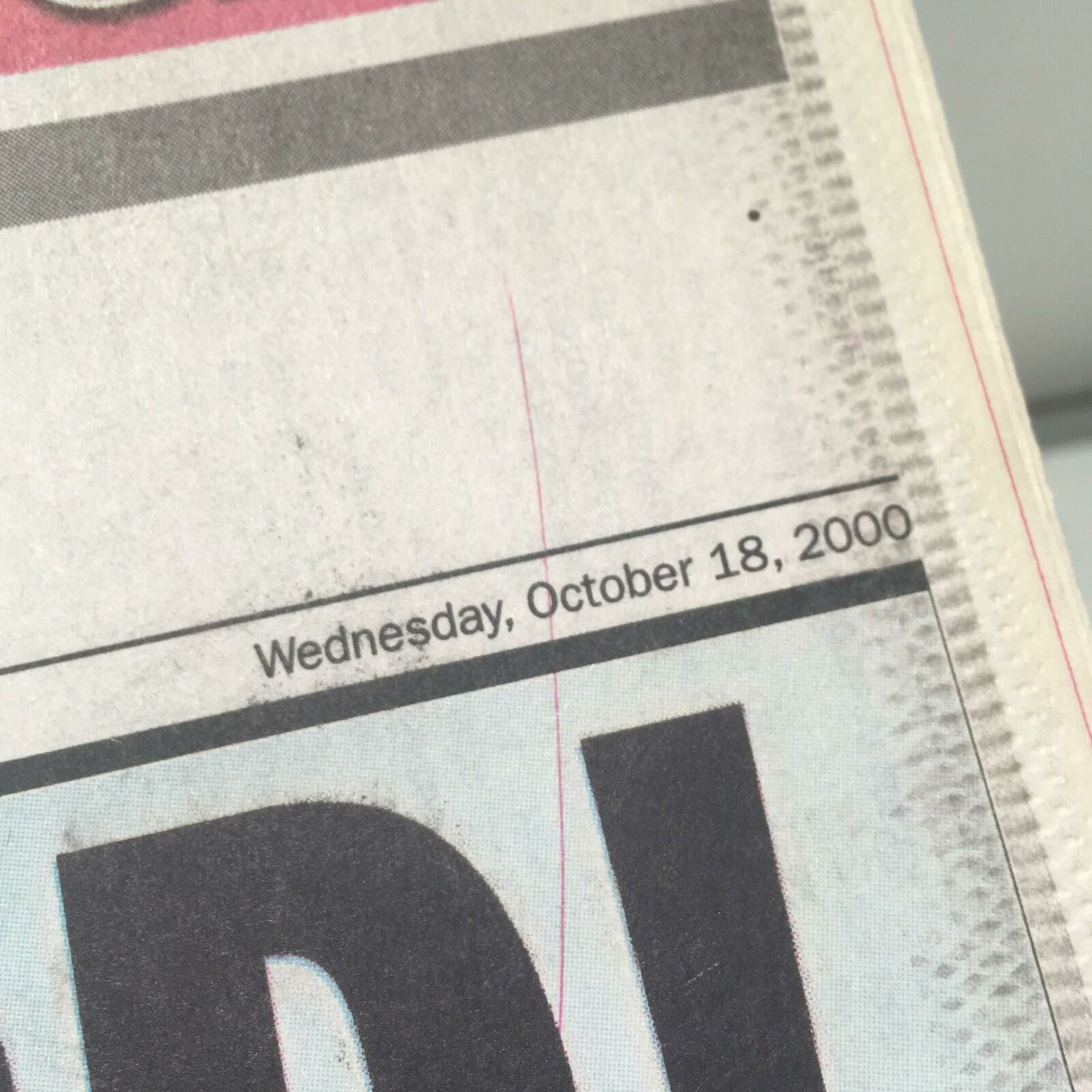 Detail from NY Daily News: Oct 18 2000 showing the date 'Wednesday, October 18, 2000', highlighting the publication date of the 'All Aboard!' edition.