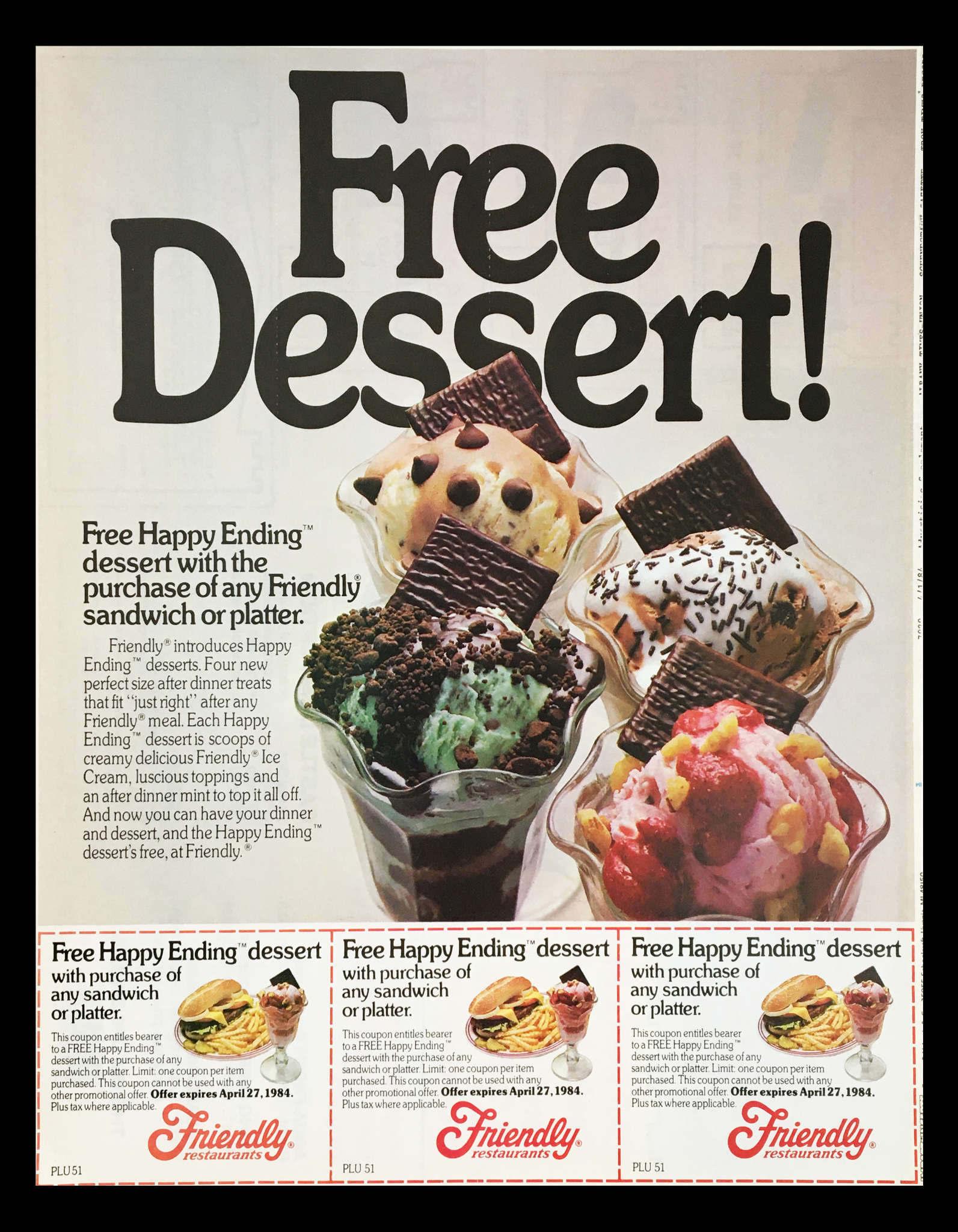 1984 Happy Ending Desserts Ice Cream Circular Coupon Advertisement