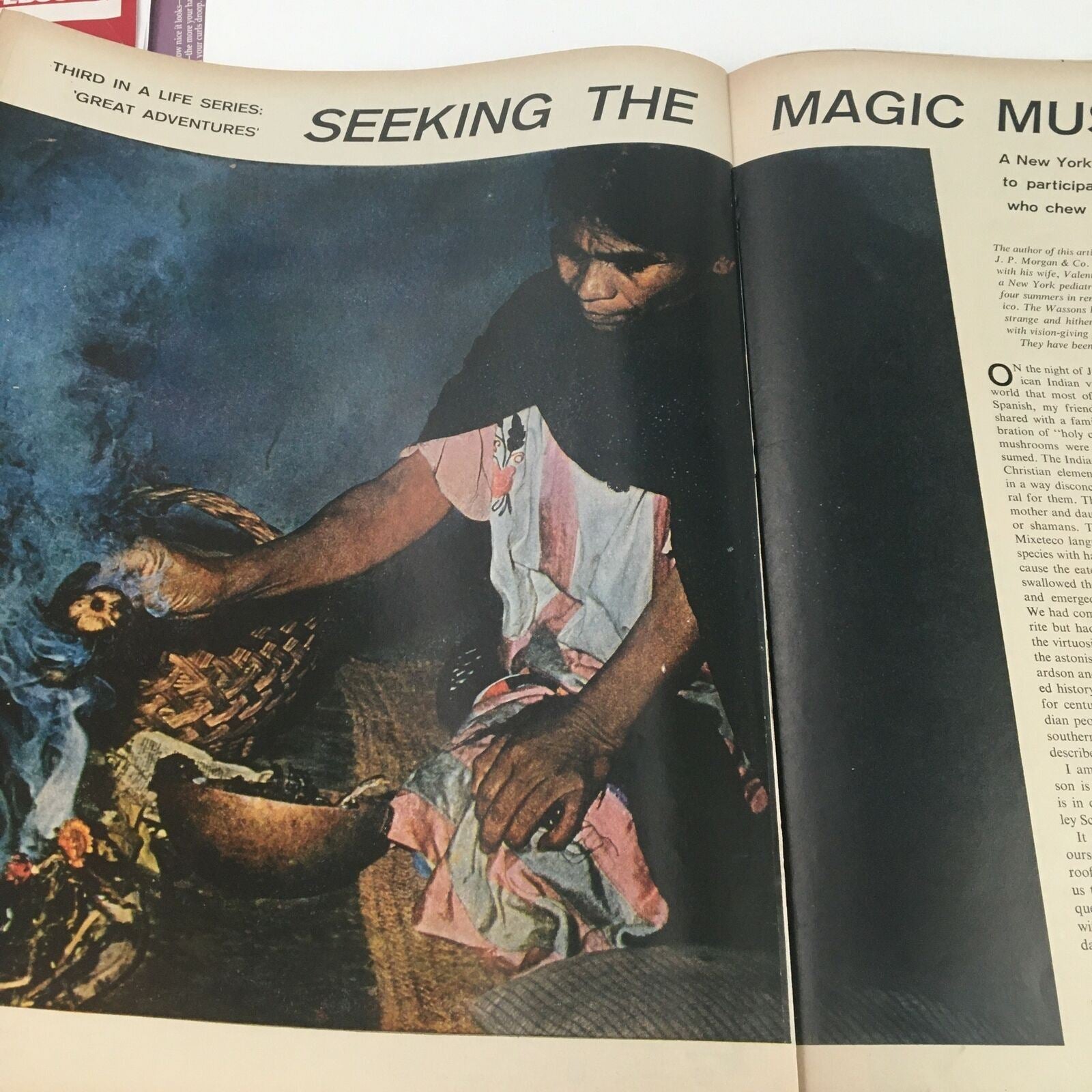 Interior page from the VTG Life Magazine May 13 1957, titled 'Seeking The Magic Mushroom', showcasing imagery associated with mushroom rituals.