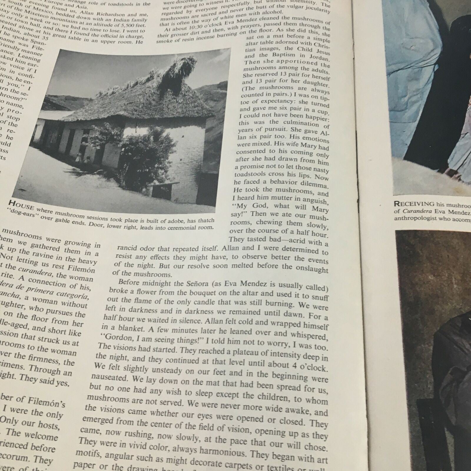 Excerpt from the VTG Life Magazine May 13 1957 detailing the ceremony and setting for mushroom consumption, reflecting 1950s cultural practices.