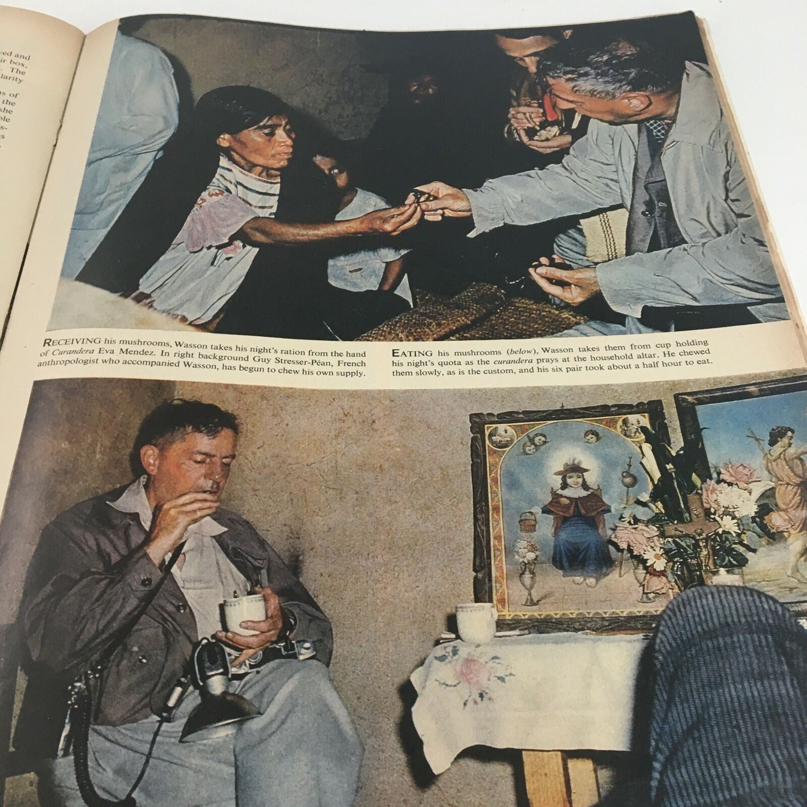 Illustrative scene from the VTG Life Magazine May 13 1957, featuring individuals engaging in mushroom rituals, emphasizing the exploration of cultural traditions.