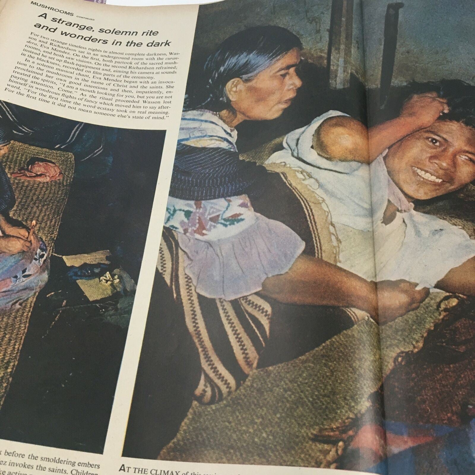 Inside page of VTG Life Magazine May 13, 1957, featuring a cultural ritual illustration related to mushrooms.