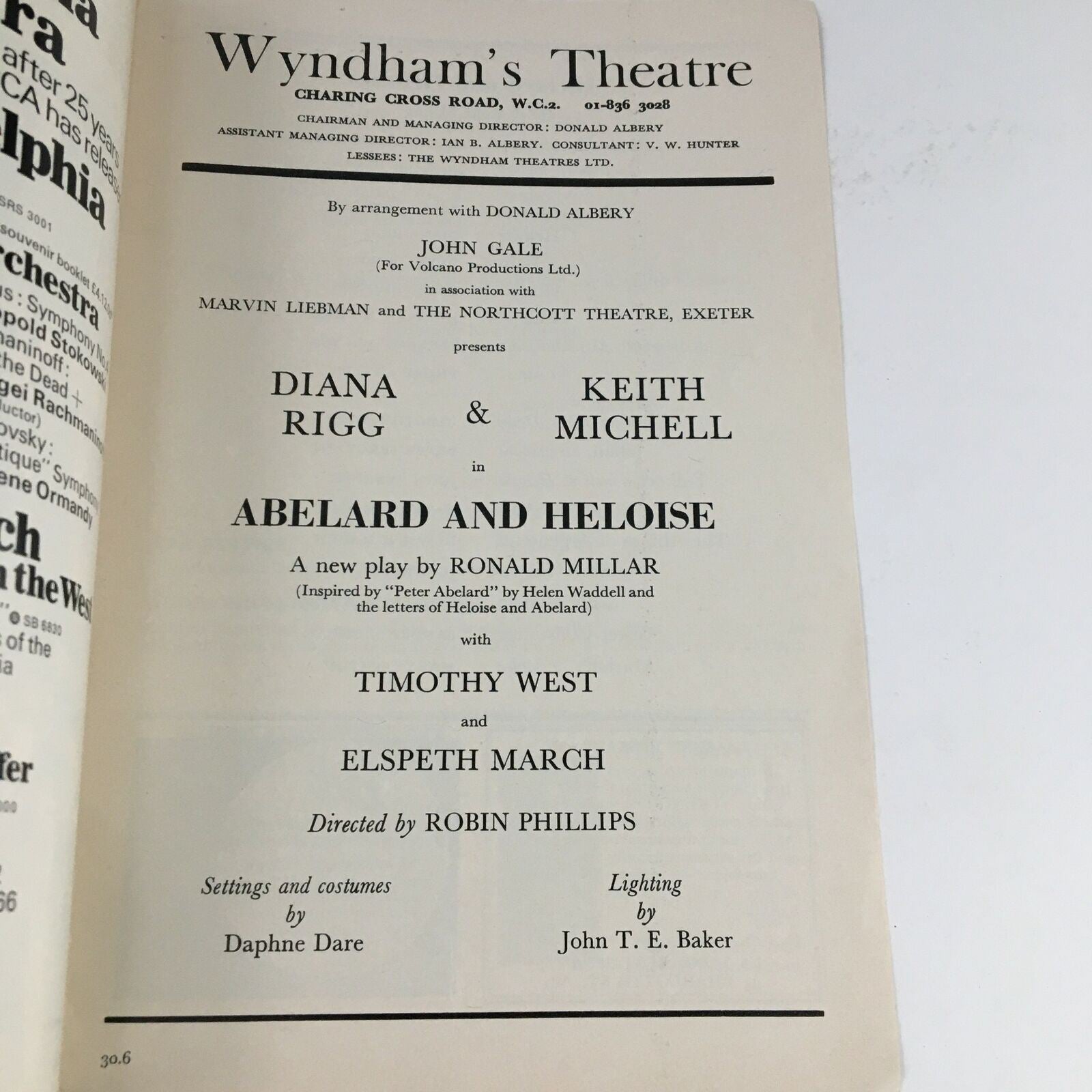 1971 Playbill Wyndham's Theatre Present Diana Rigg in Abelard & Heloise