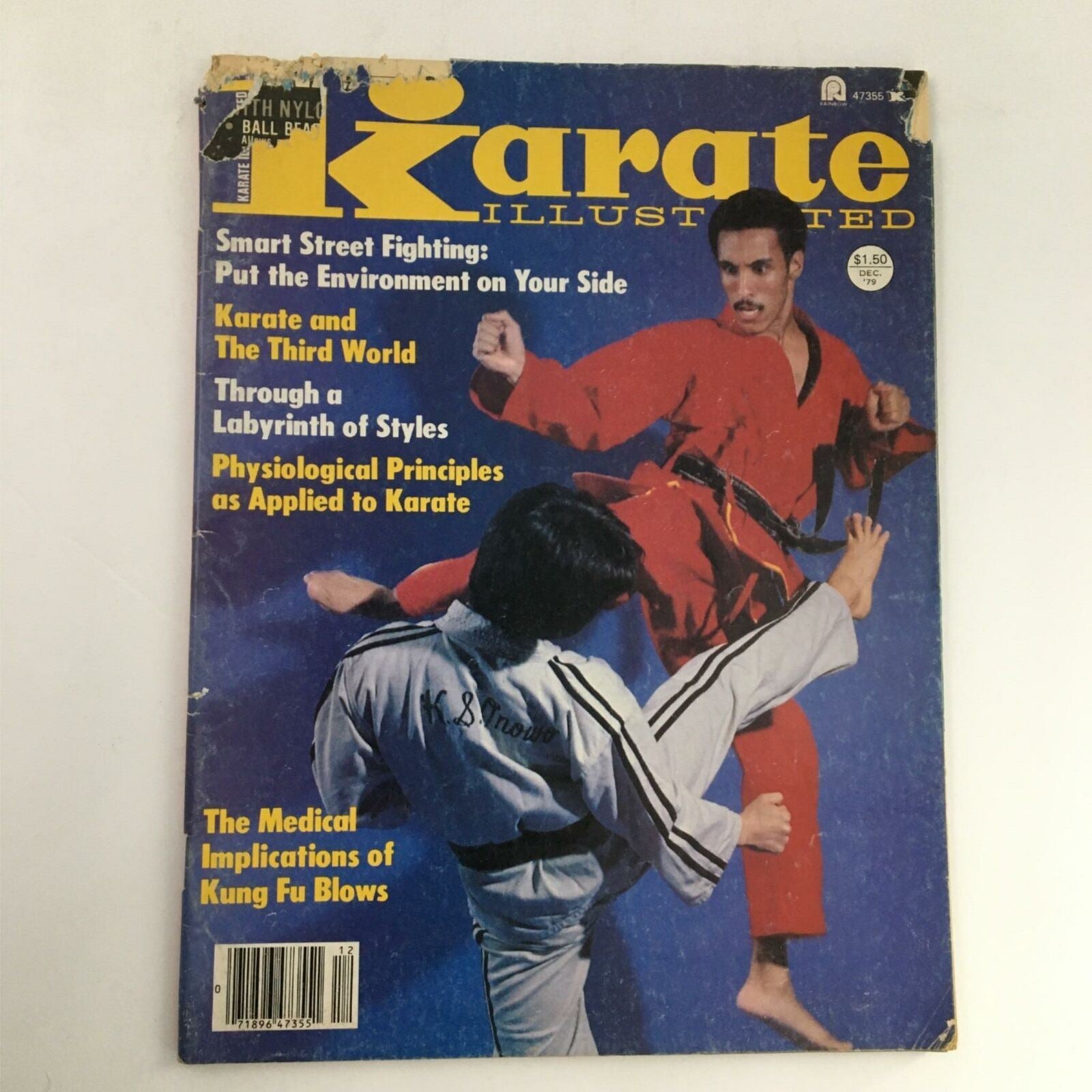Cover of Karate Illustrated Magazine December 1979 featuring dynamic karate action with two practitioners, one wearing a red gi and the other in a black and white suit, showcasing articles on street fighting and karate styles.