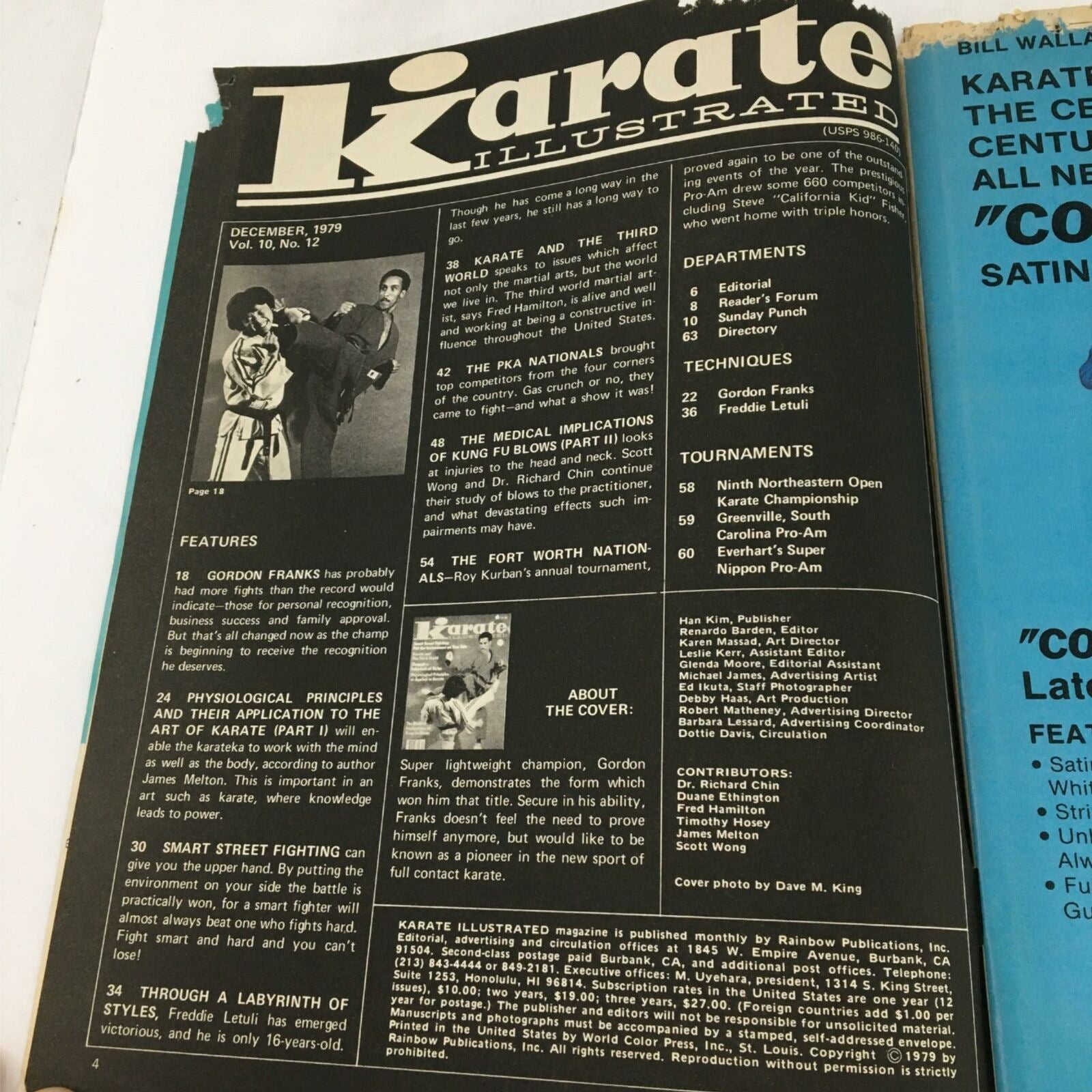 Inside content of Karate Illustrated Magazine December 1979 showcasing the table of contents and features about Gordon Franks and martial arts principles.