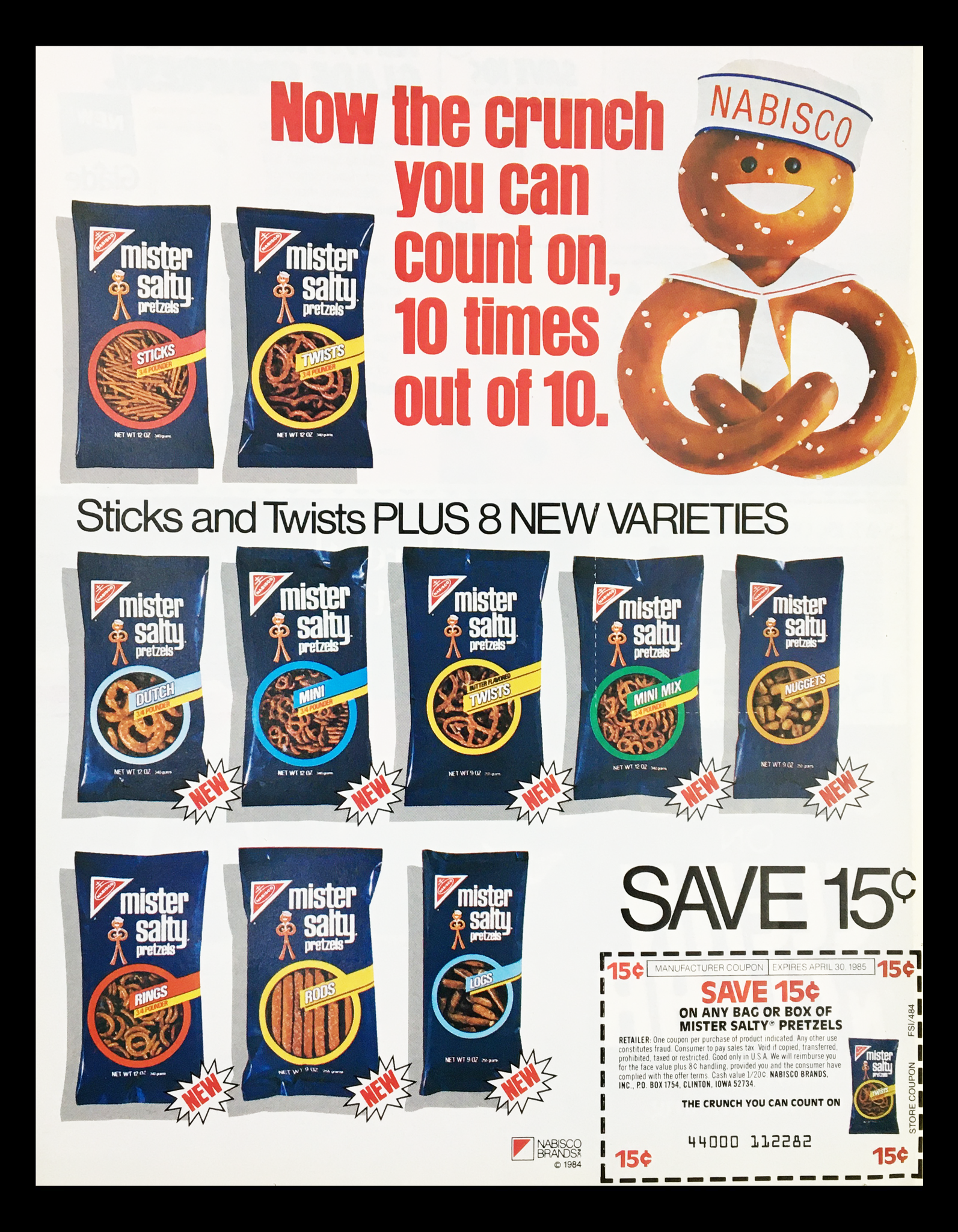 1985 Nabisco Mister Salty Pretzel Circular Coupon Advertisement