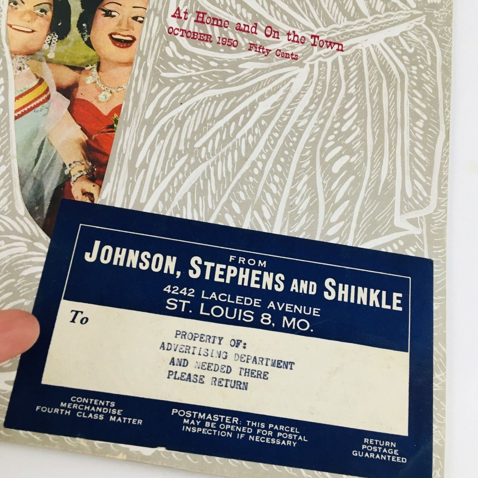 Close-up of the VTG Flair Magazine October 1950 Vol. 1 No. 9 cover featuring the mailing label from Johnson, Stephens and Shinkle, St. Louis, MO.