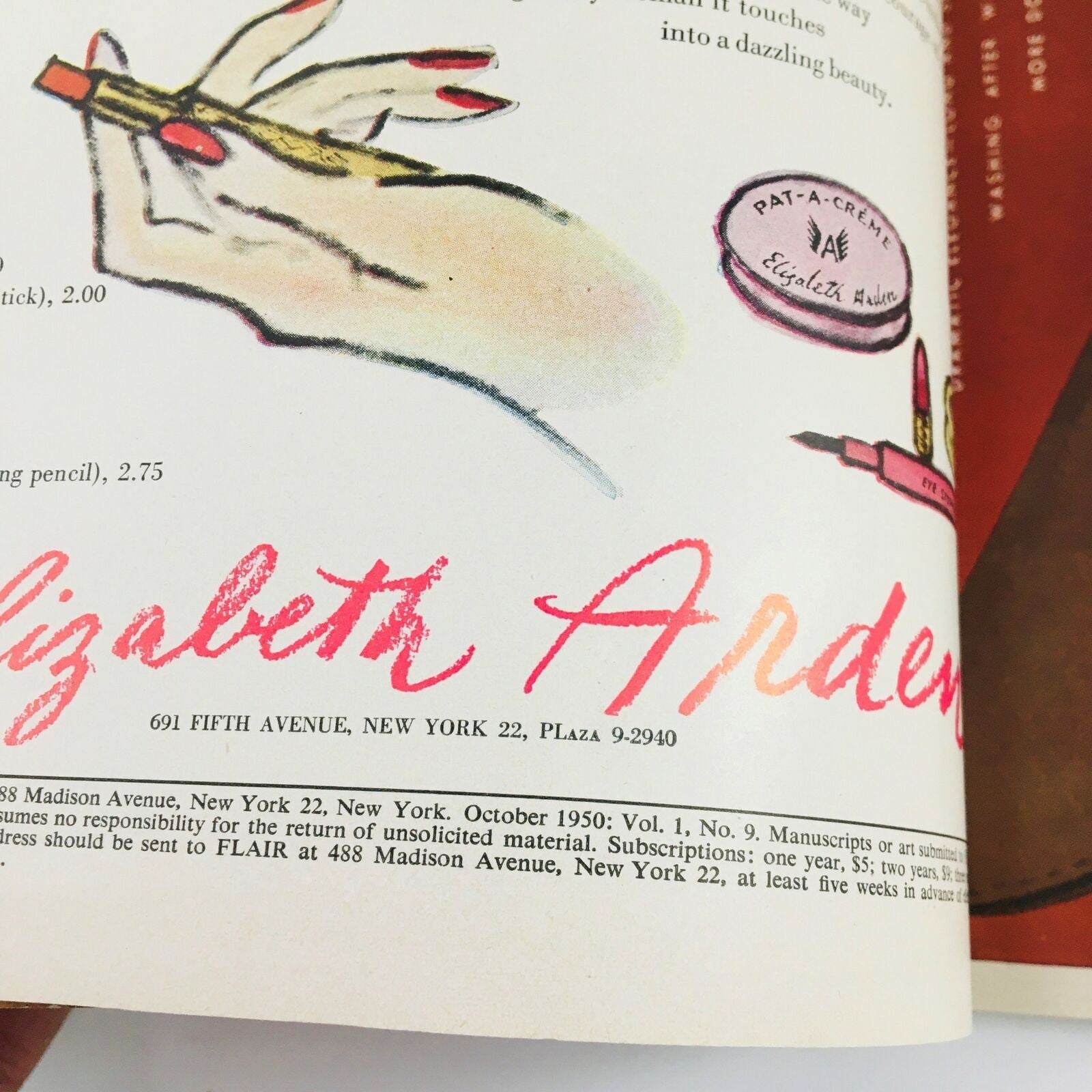 Interior page of the VTG Flair Magazine October 1950 Vol. 1 No. 9 displaying a beauty advertisement for Elizabeth Arden.