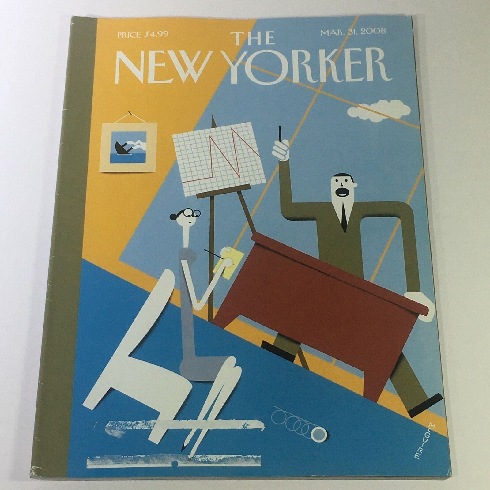 Cover of The New Yorker March 31, 2008 featuring a creative illustration by Richard McGuire showcasing a character at a desk with charts and graphs.