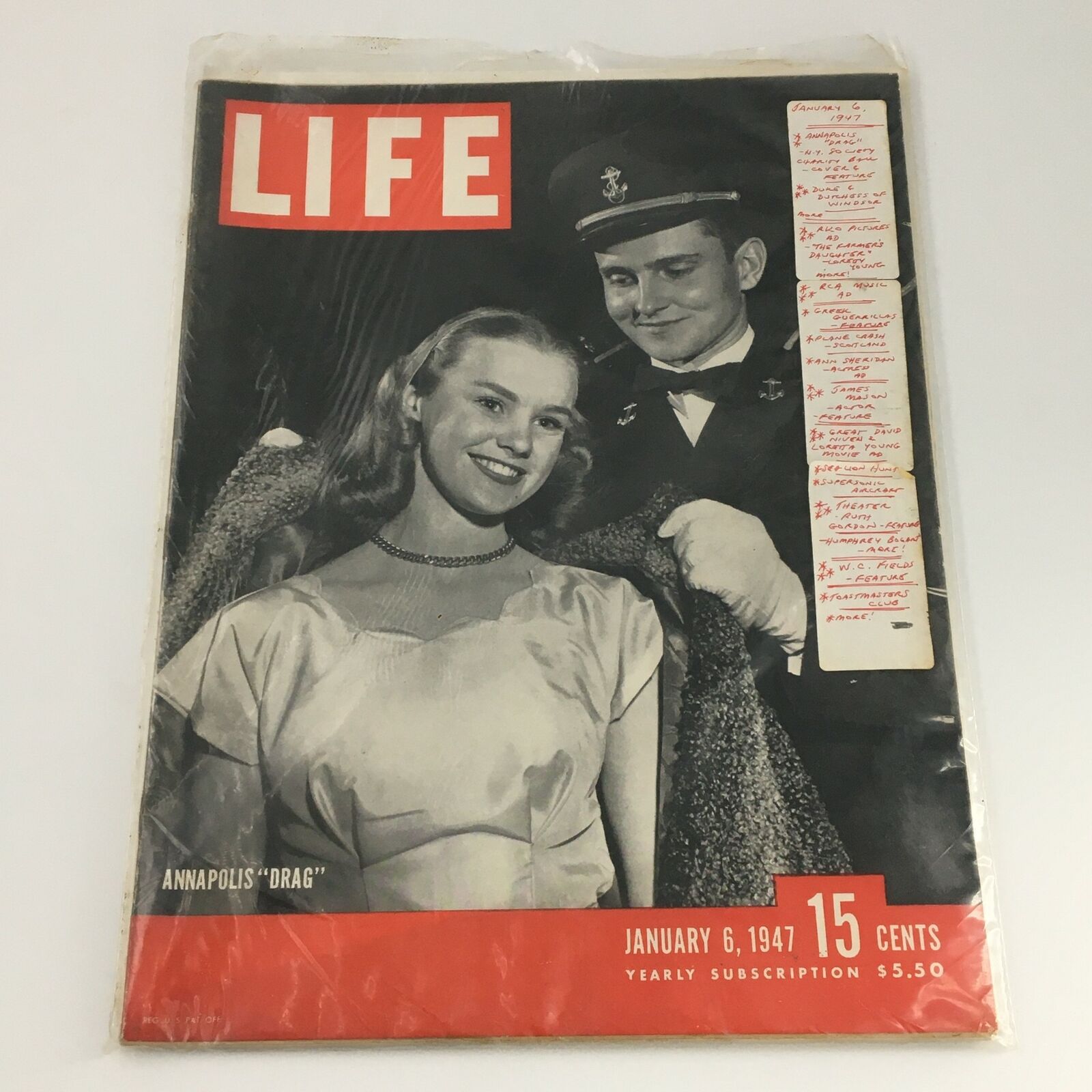 VTG Life Magazine January 6 1947 Annapolis "Drag" Cover Feature, Newsstand