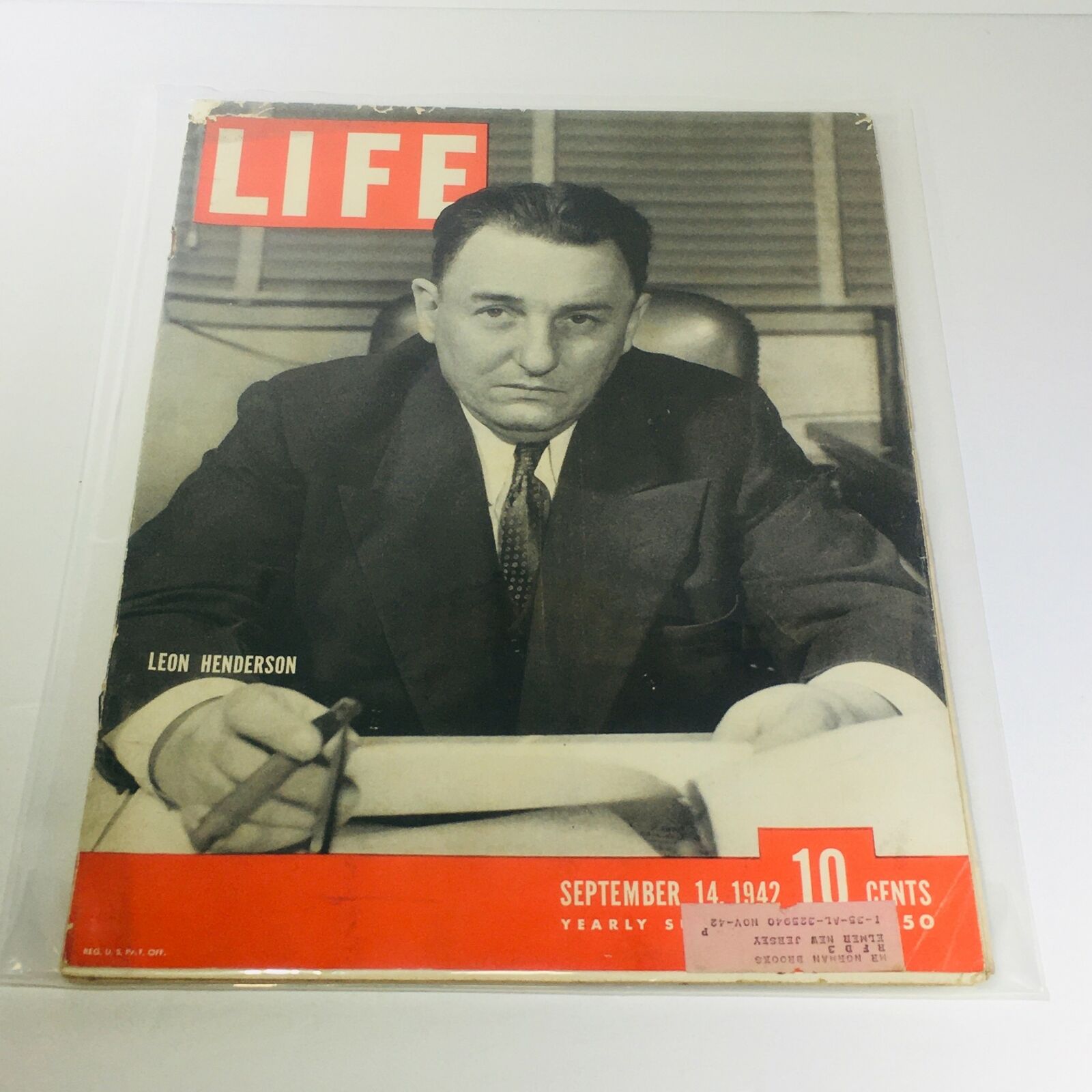 Vintage Life Magazine: September 14 1942 - Leon Henderson Yearly Subscription