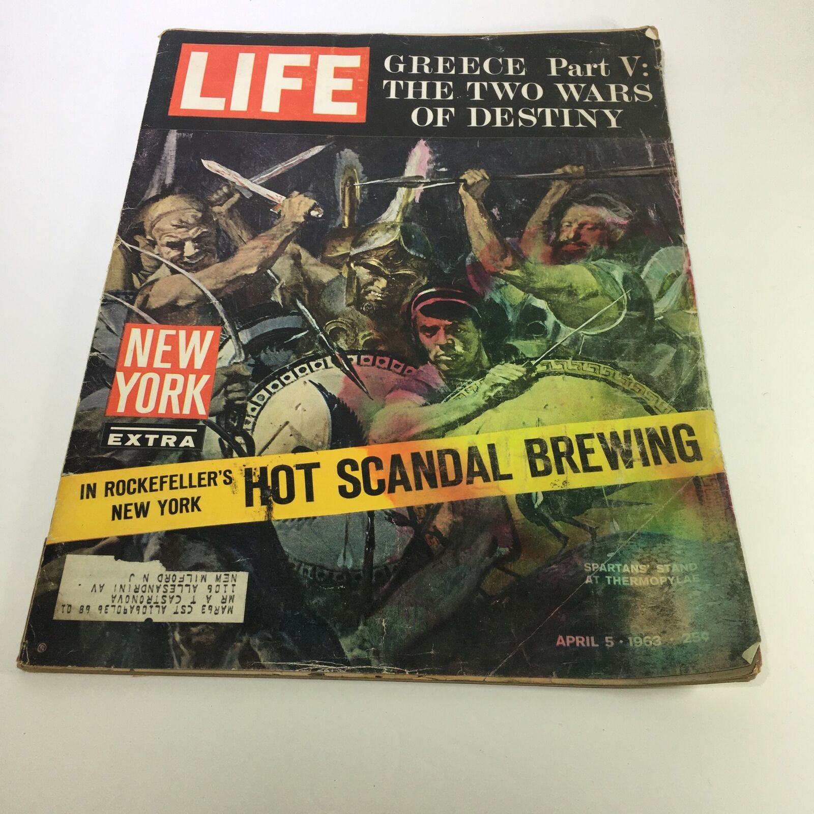 Cover of Life Magazine: April 5, 1963 - Greece Part V: The Two Wars of Destiny, featuring dramatic artwork of warriors depicting historical battles.