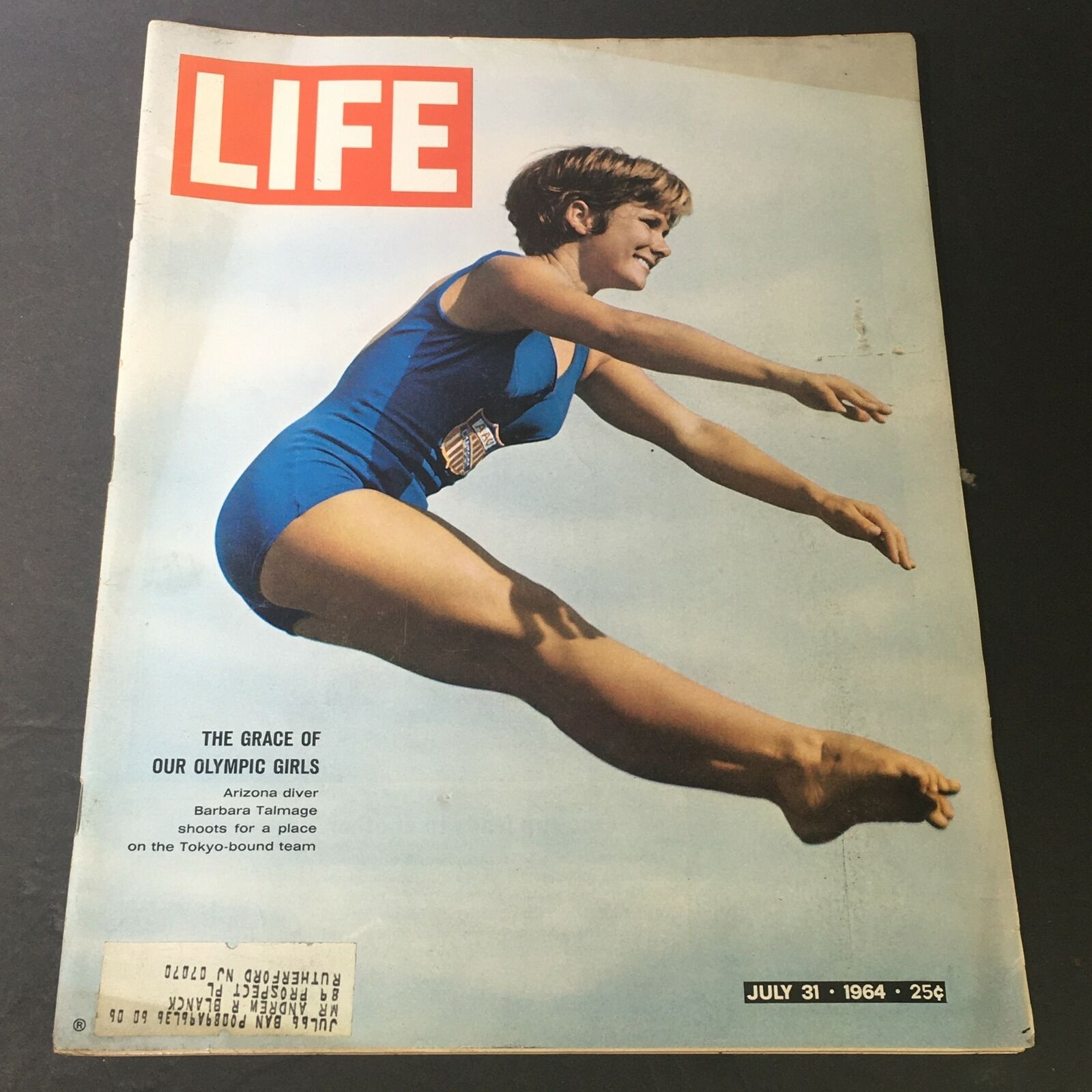 Cover of VTG Life Magazine from July 31, 1964 featuring Arizona diver Barbara Talmage, highlighting her journey to the Olympics with the title 'The Grace of Our Olympic Girls'.