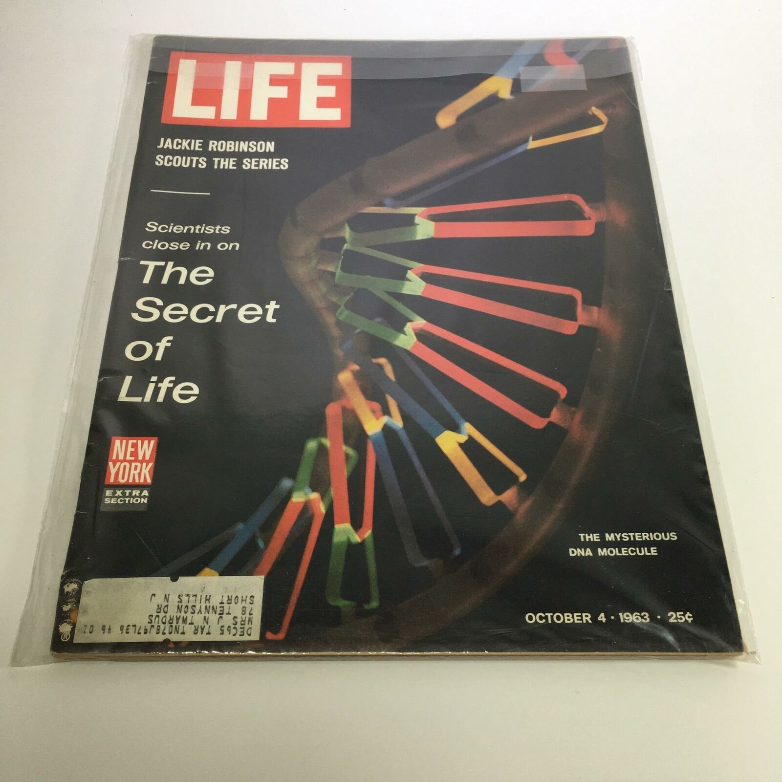 Life Magazine October 4, 1963 featuring Jackie Robinson and the Mysterious DNA Molecule on the cover, showcasing vibrant colors and a striking design.
