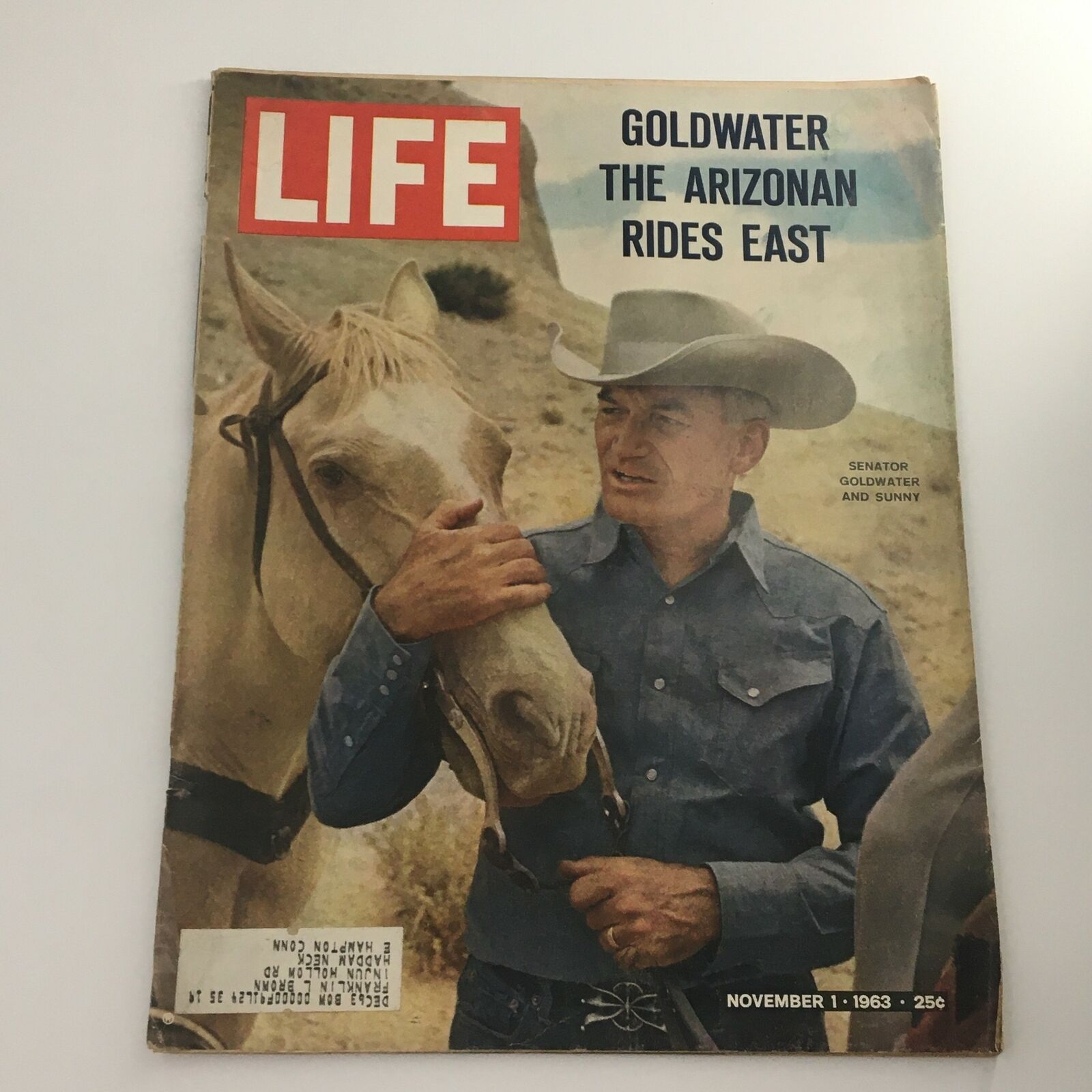 VTG Life Magazine November 1 1963 cover featuring Senator Barry Goldwater with his horse Sunny, showcasing a moment of American political history.