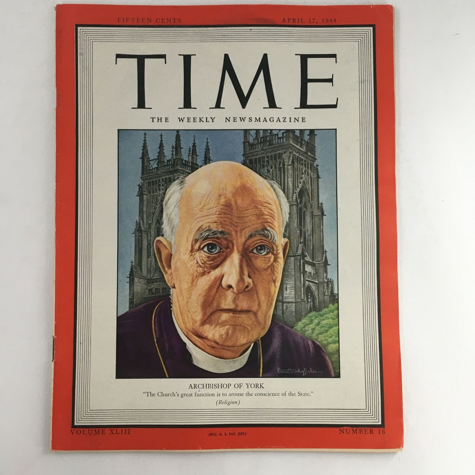 Time Magazine April 17 1944 Vol 43 #16 Archbishop Cyril Garbett of York