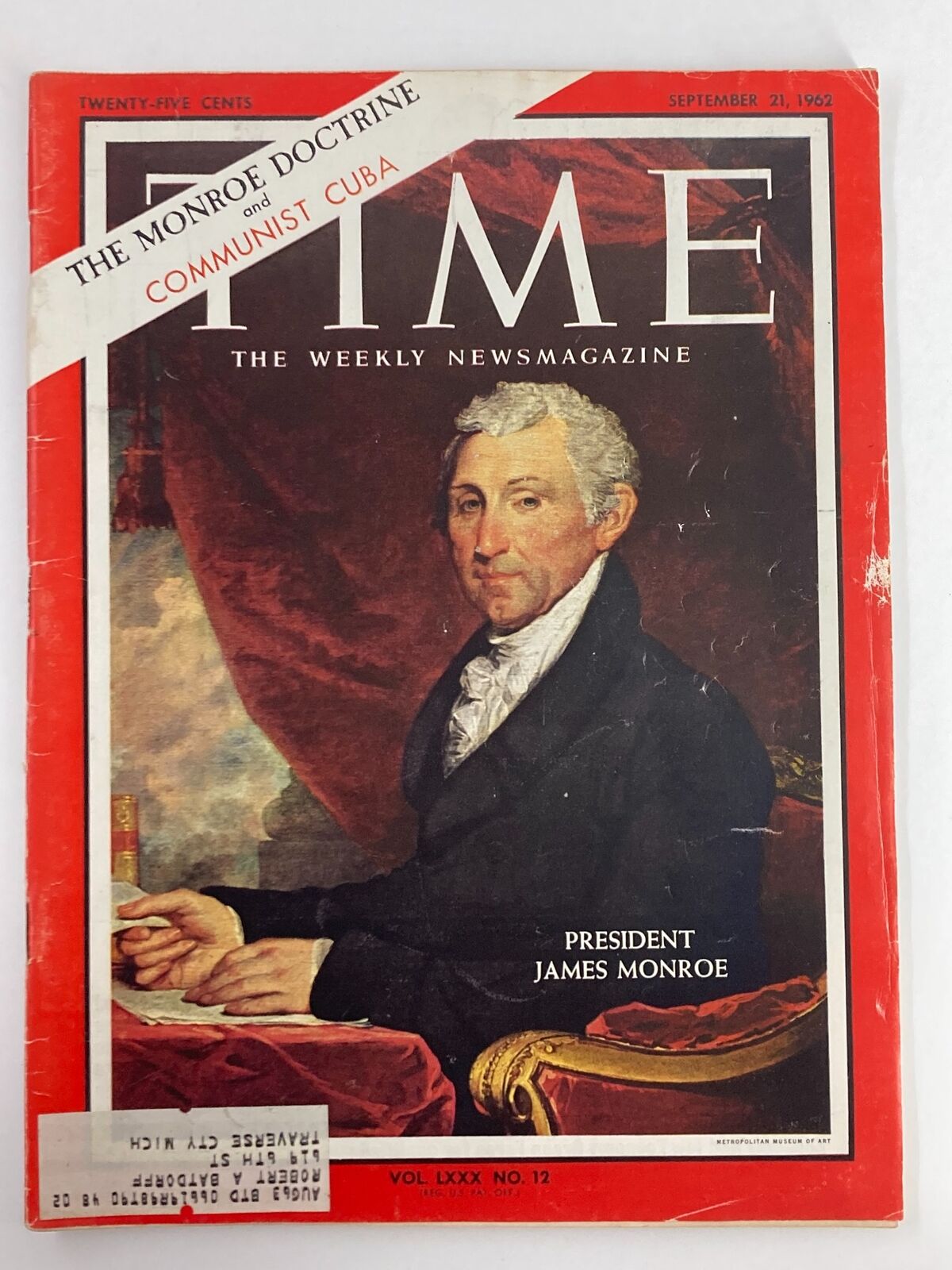 VTG Time Magazine September 21 1962 Vol 80 #12 President James Monroe