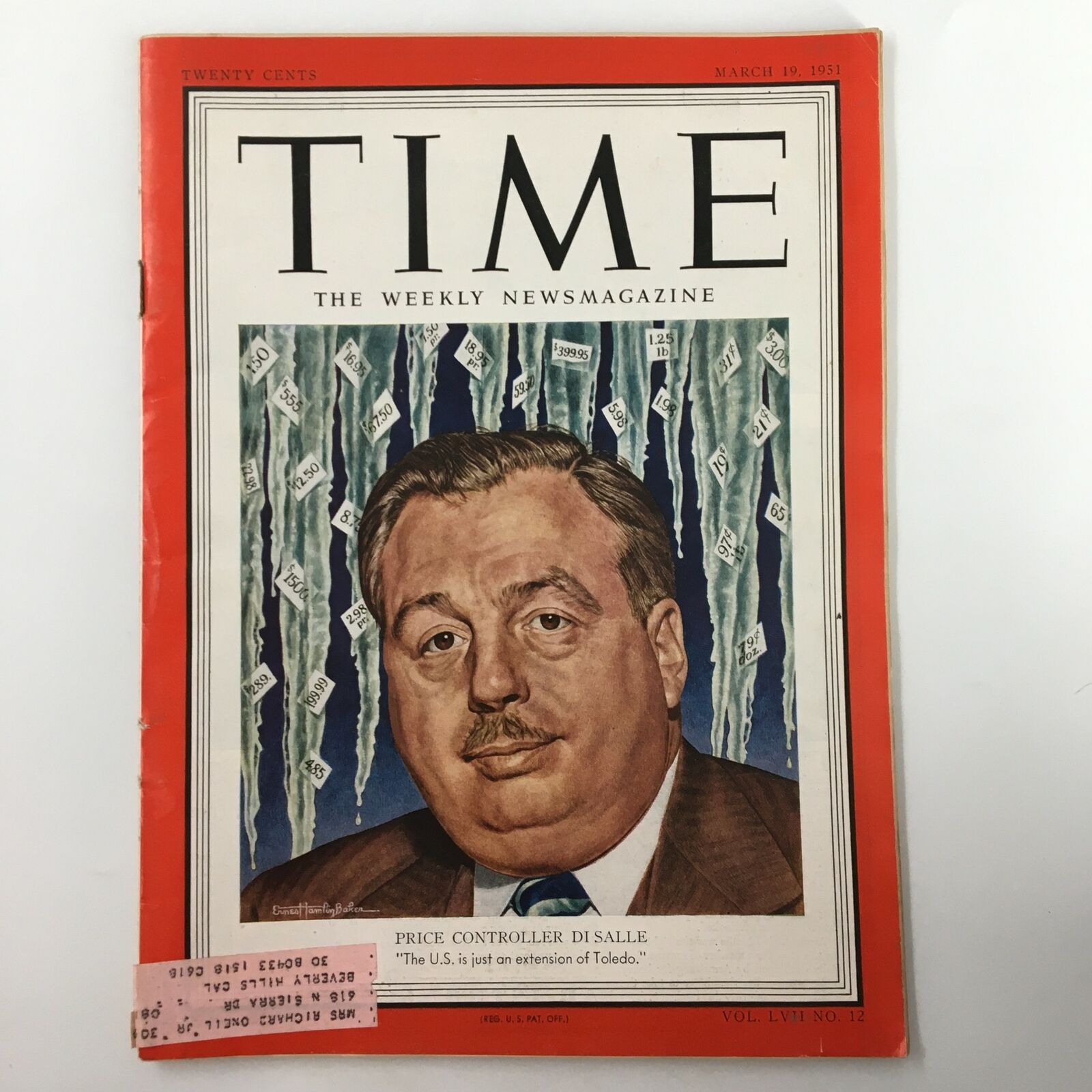 VTG Time Magazine March 19 1951 Vol. 57 No. 12 Price Controller Di Salle