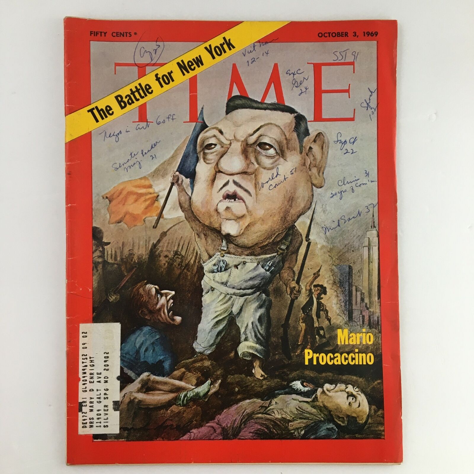 Time Magazine October 3 1969 Vol. 94 No. 14 Mario Procaccino Battle for New York