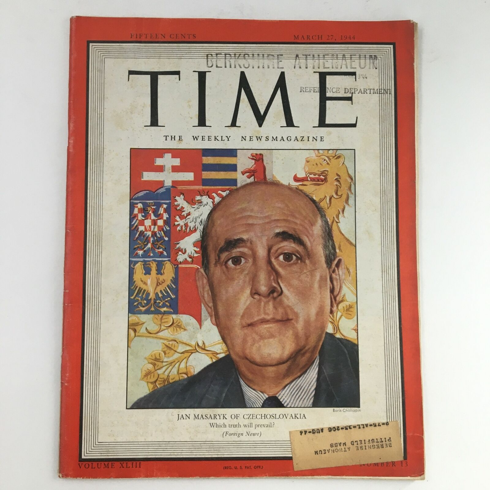 Time Magazine March 27 1944 Vol 43 #13 Diplomat Jan Masaryk of Czechoslovakia